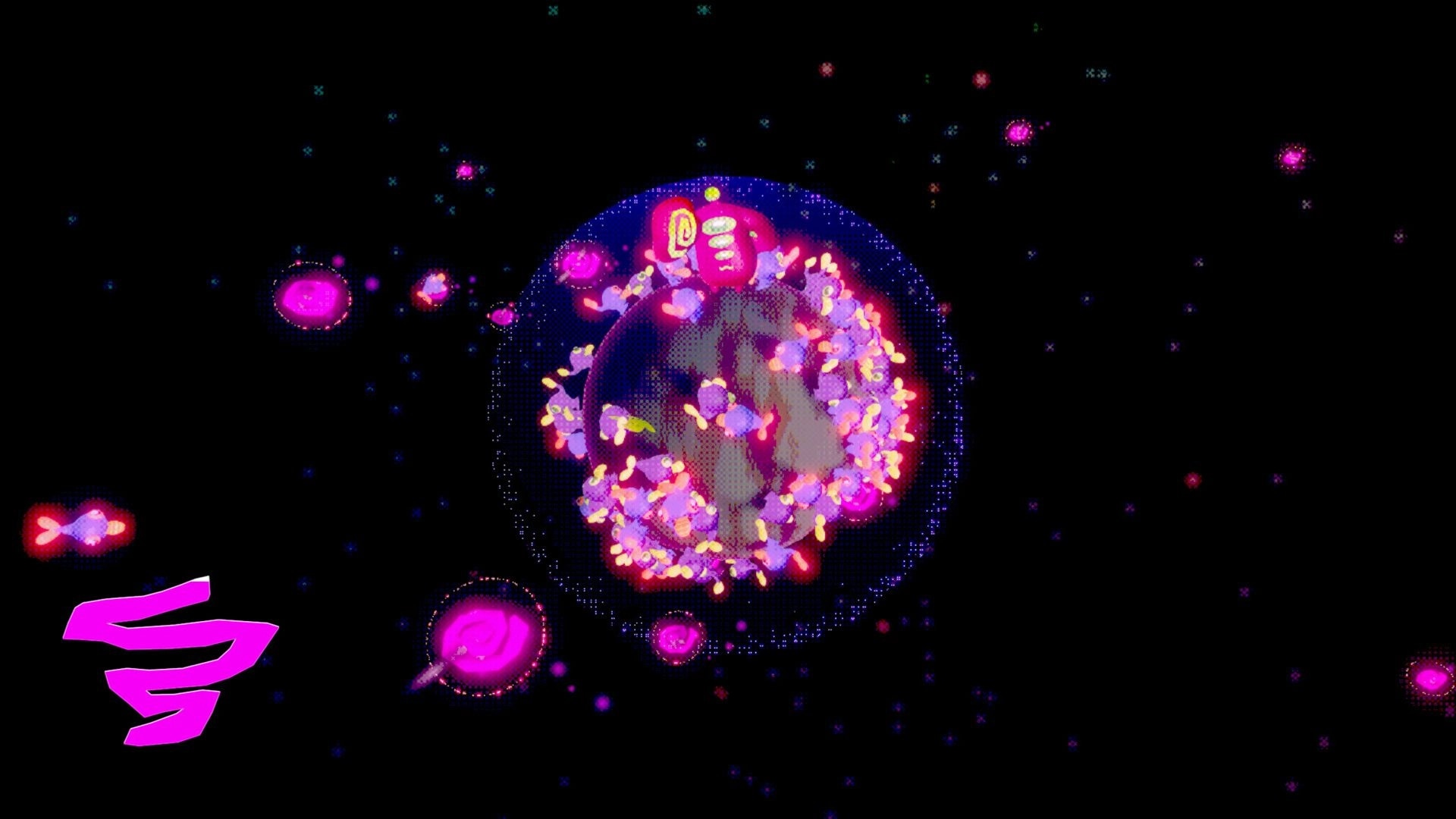 LiTTLE SYMBiO: Giant pink alien clings to a round planet in space, surrounded by glowing blobs.