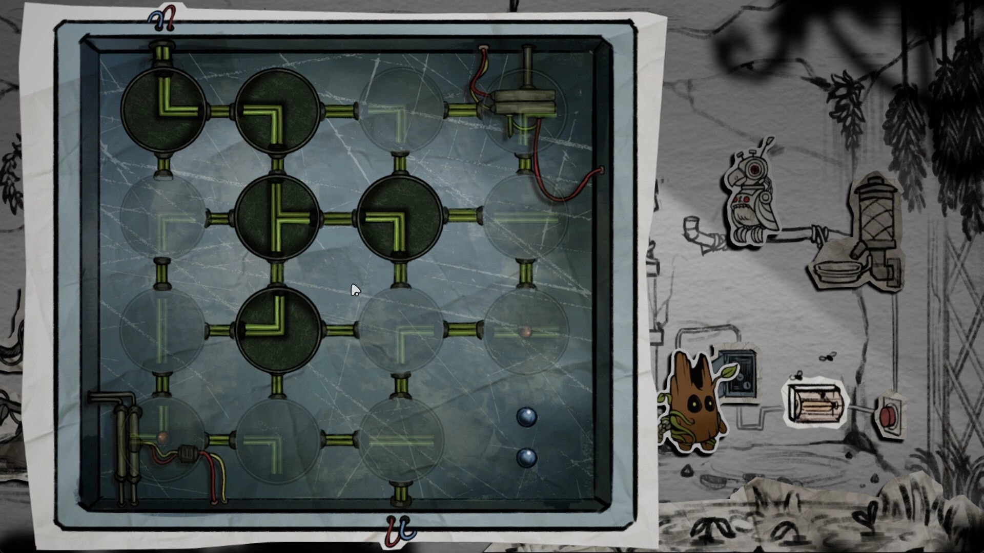 Little Woody: Pipe-rotation puzzle panel open over a lab scene with Woody by switches and wires.
