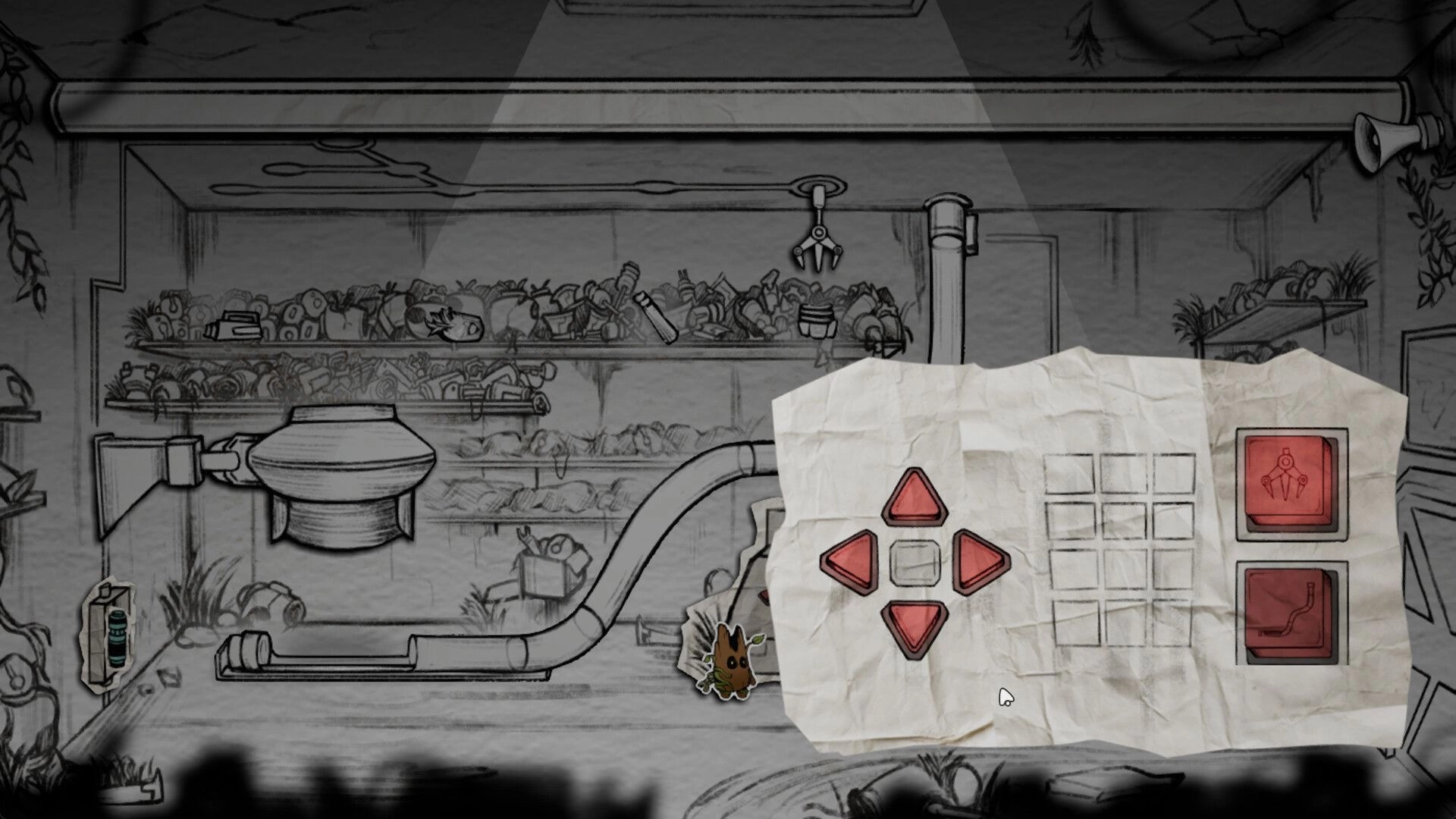 Little Woody: Puzzle panel with red arrow buttons and grid overlay in a cluttered workshop room.