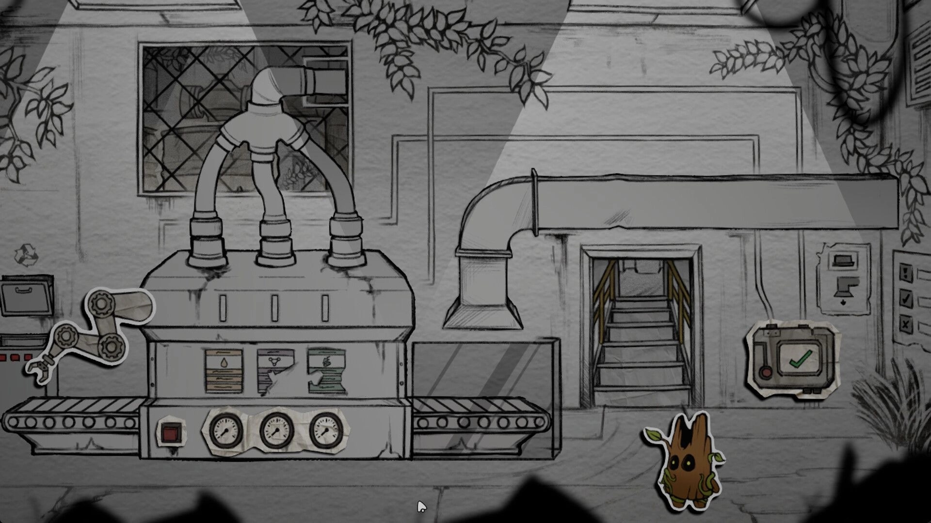 Little Woody: Tiny wooden character beside conveyor machine and pipes in a factory room with stairs.