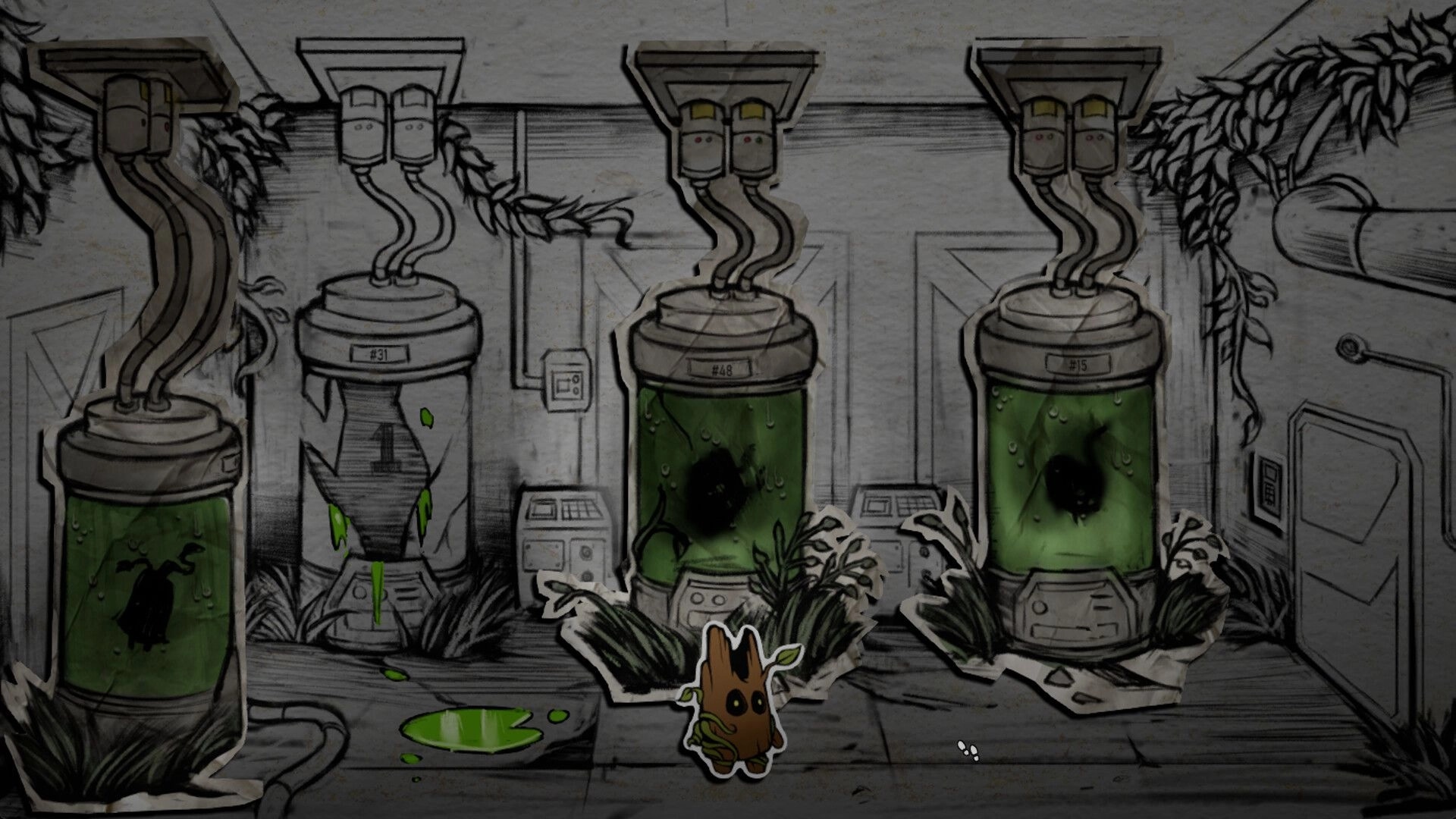 Little Woody: Woody stands by green fluid tanks and a cracked capsule in an overgrown lab room.