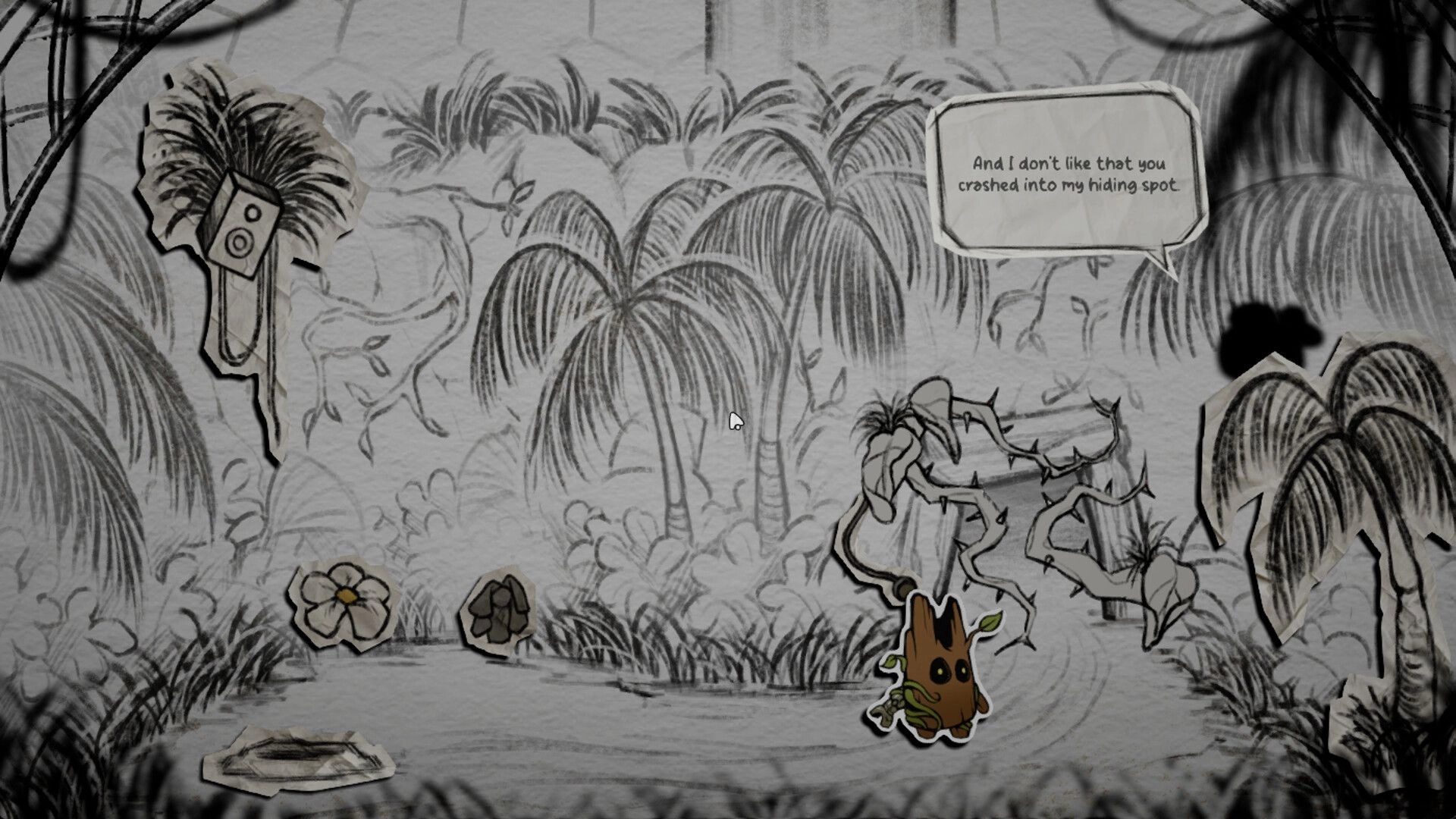 Little Woody: Wooden sprout character near thorny vines as a speech bubble appears in jungle scene.