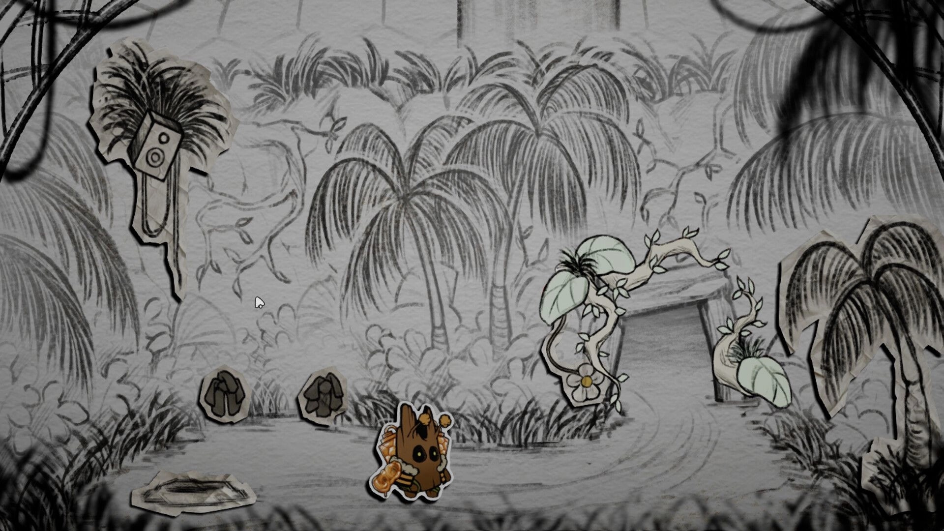 Little Woody: Wooden character stands on jungle path near vine-covered hut and scattered rocks.