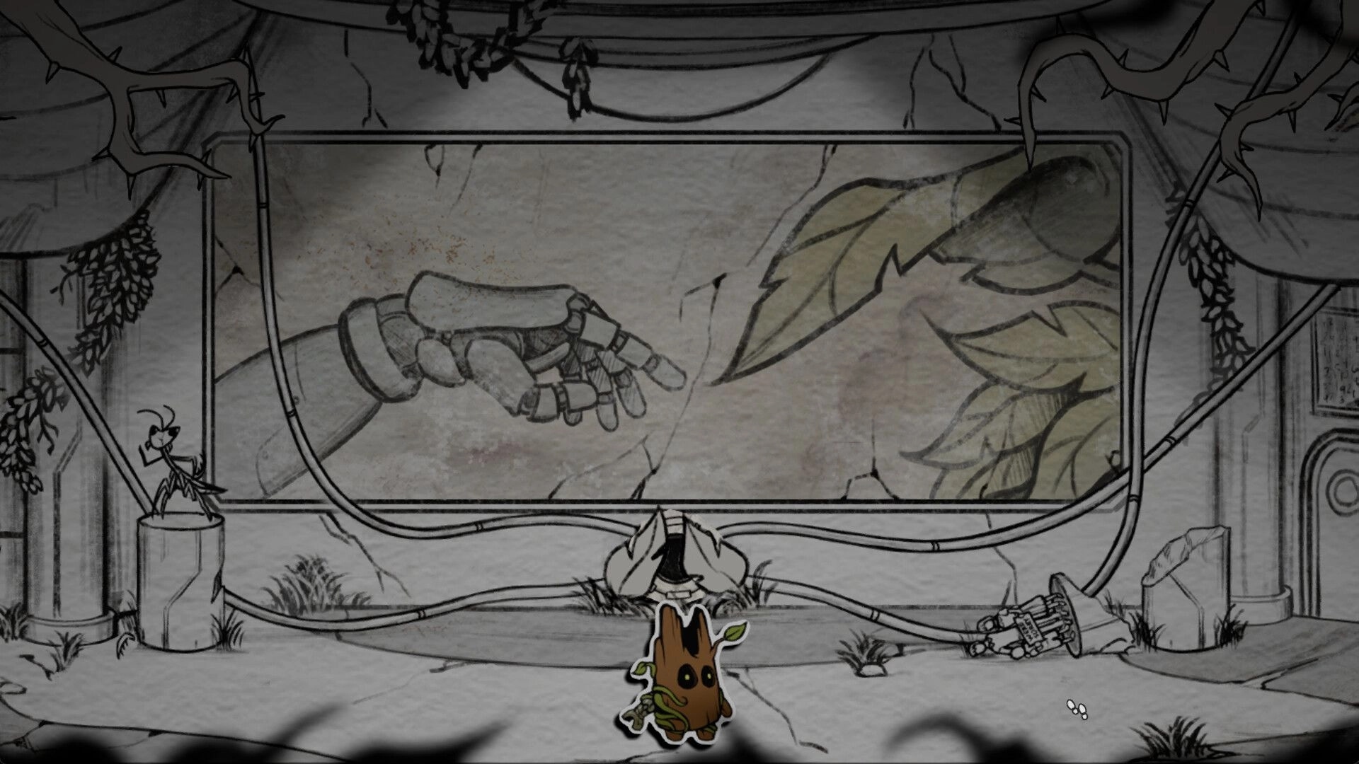 Little Woody: Wooden character stands before a mural of a pointing hand in a vine-covered ruin hall.