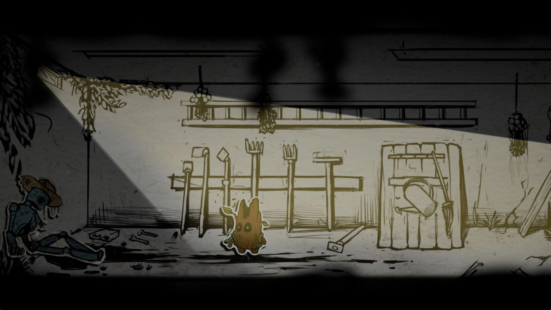 Little Woody: Small wooden character stands by tool rack and crate in a dim workshop spotlight.