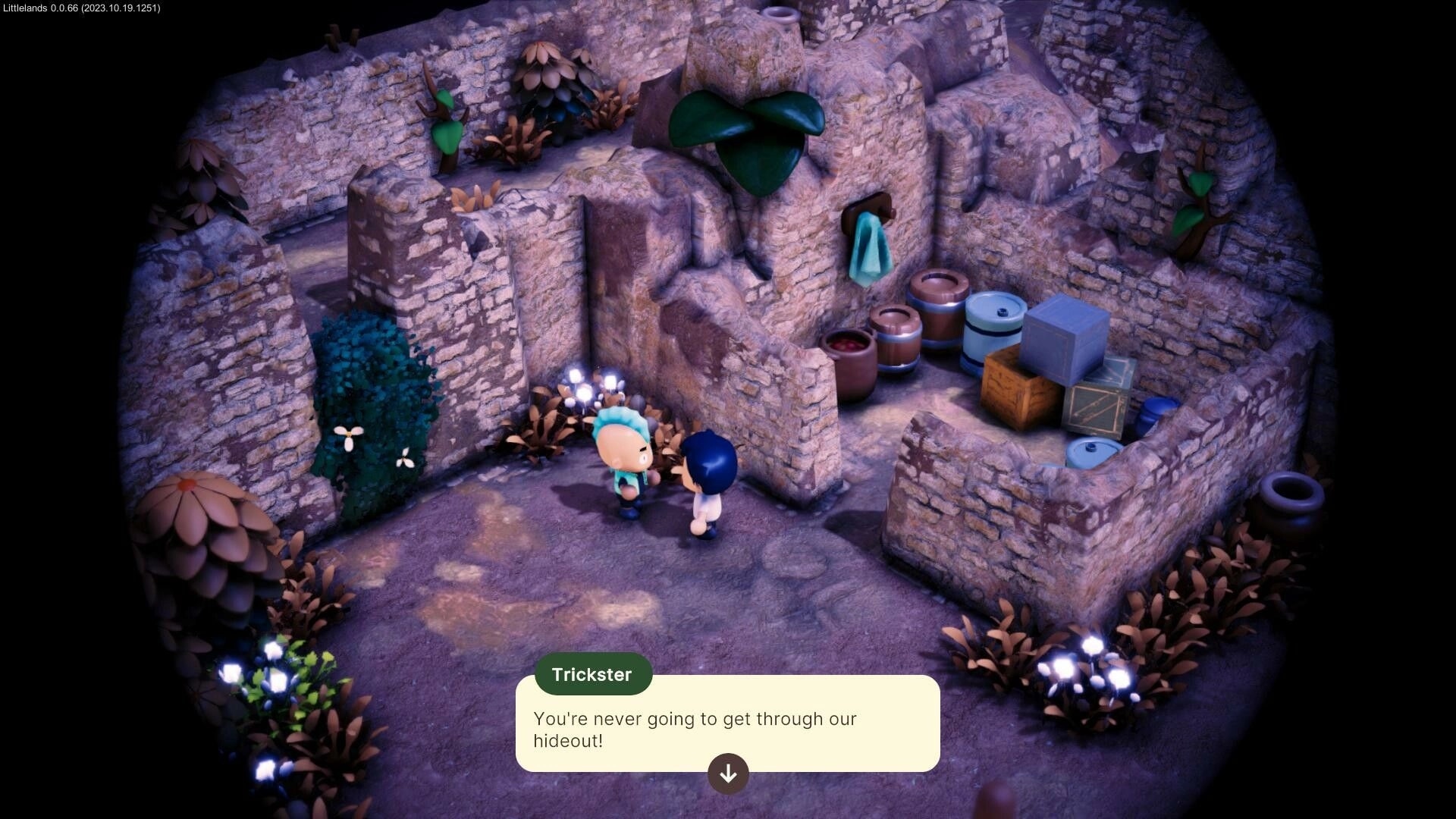 Littlelands: Dialogue with Trickster NPC in stone ruins, barrels and crates stacked in corner.