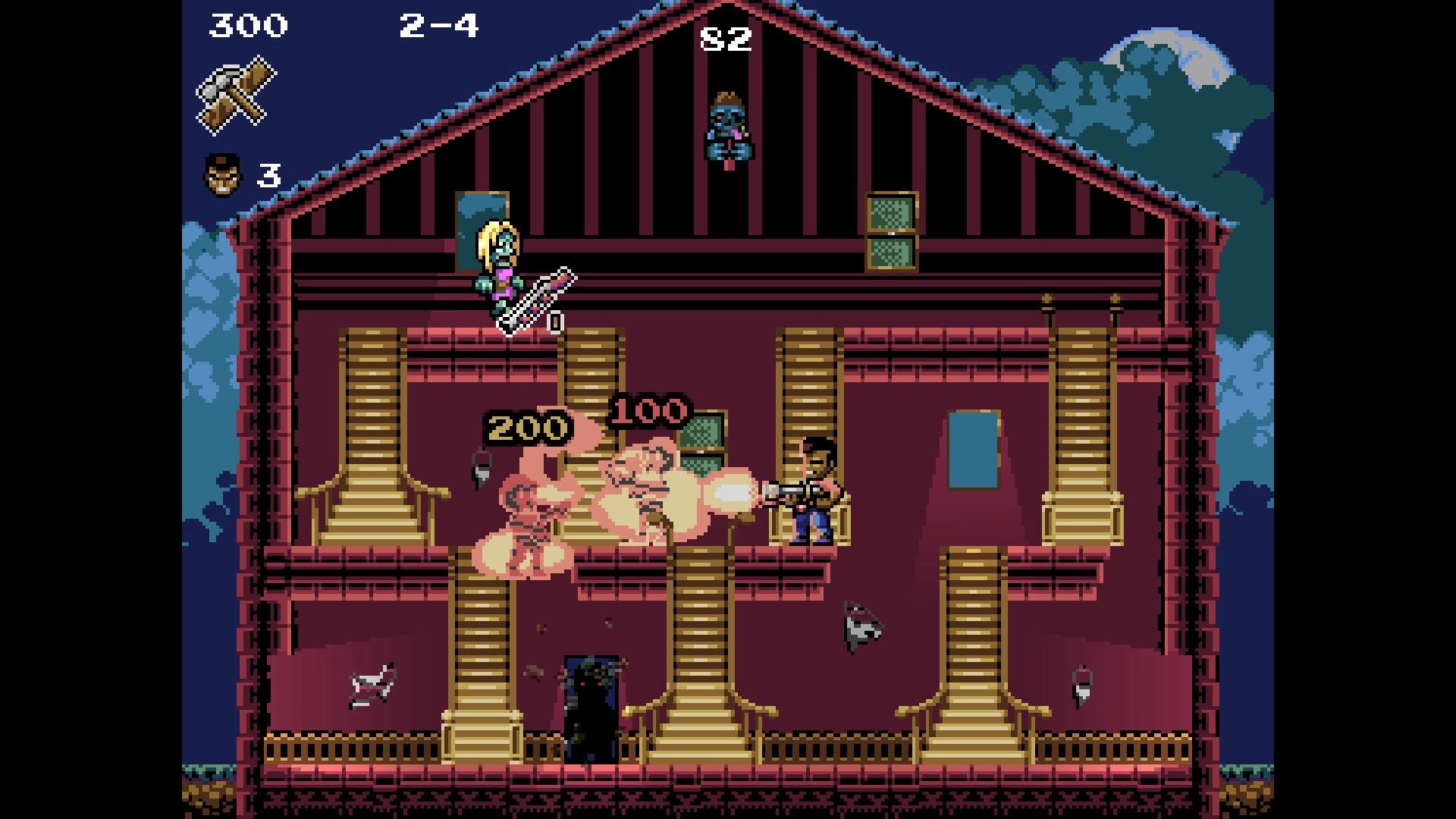 Living Dead House: Player battling zombies with a shotgun in a multi-level haunted house setting
