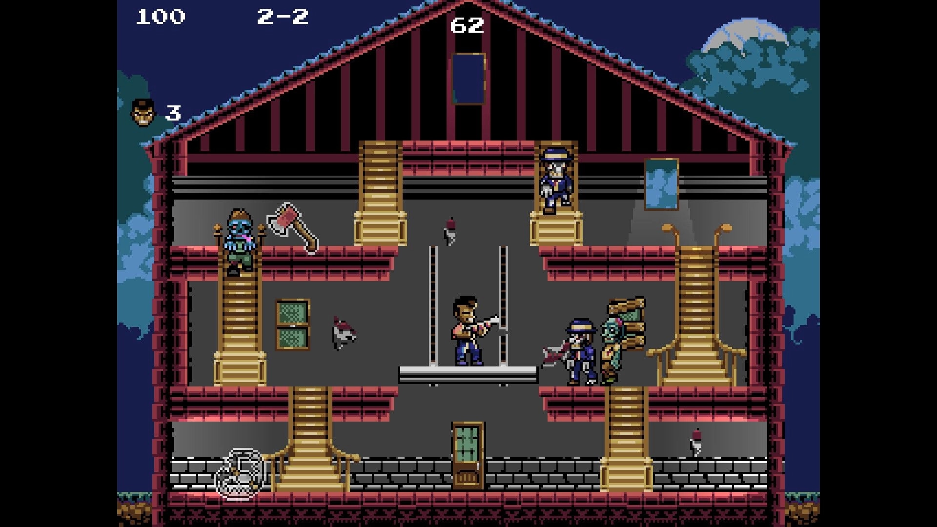 Living Dead House: Player battles zombies inside a multi-story house with ladders and platforms