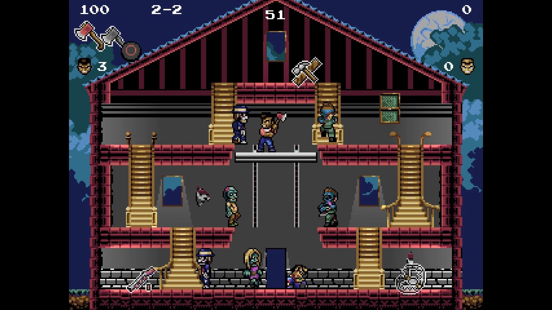 Living Dead House: Player battling zombies with axe inside a haunted house, moonlit night outside