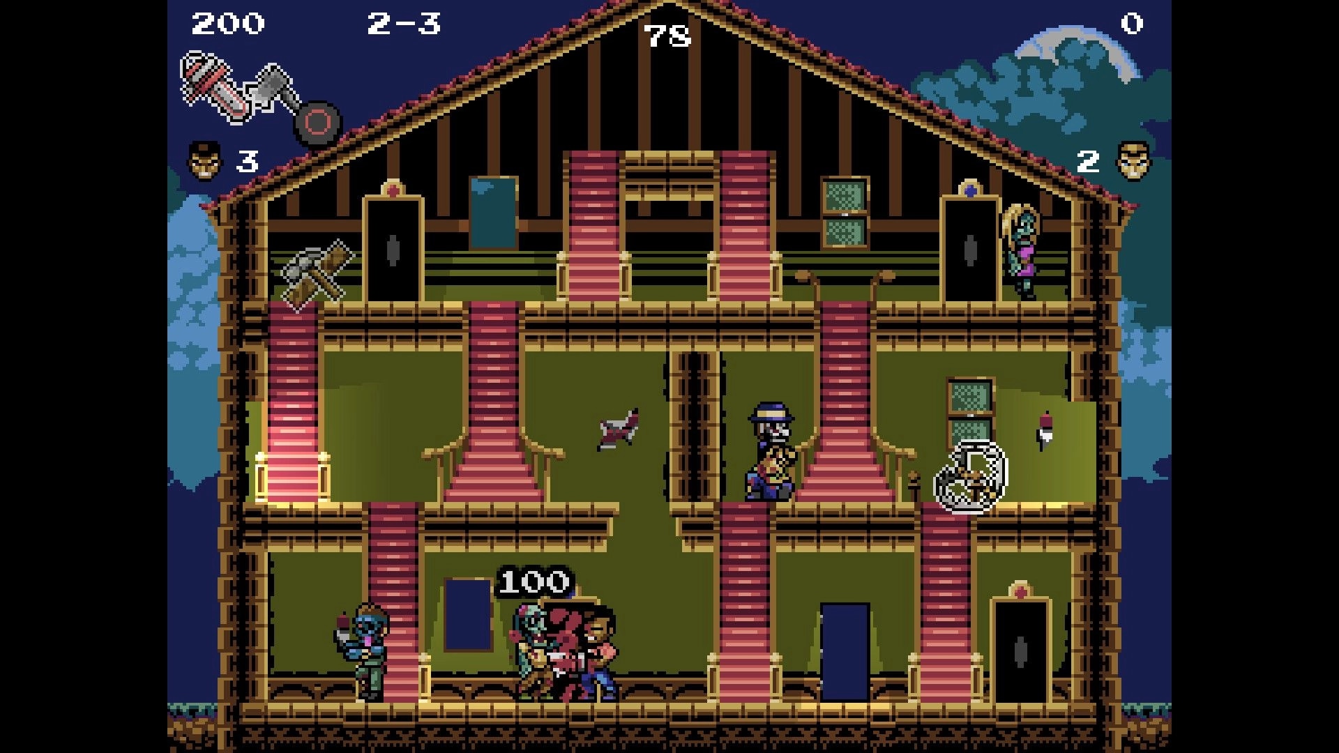 Living Dead House: Player fights zombies inside a multi-level house with weapons displayed onscreen.