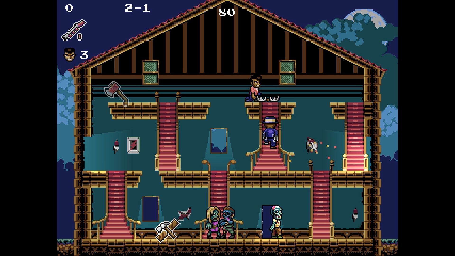 Living Dead House: Player battles zombies inside a multi-level house with traps and staircases