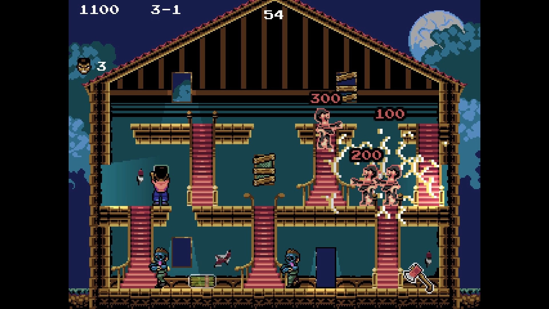 Living Dead House: Player battling zombies in a multi-level house with score and timer displayed