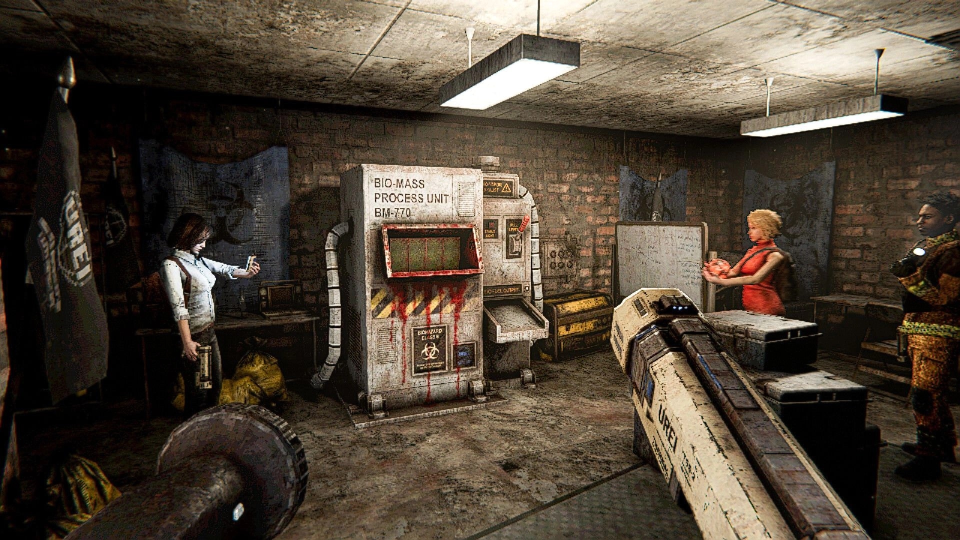 LIVING HELL: First-person view aiming a rifle at bio-mass process unit in grimy bunker room with NPCs.