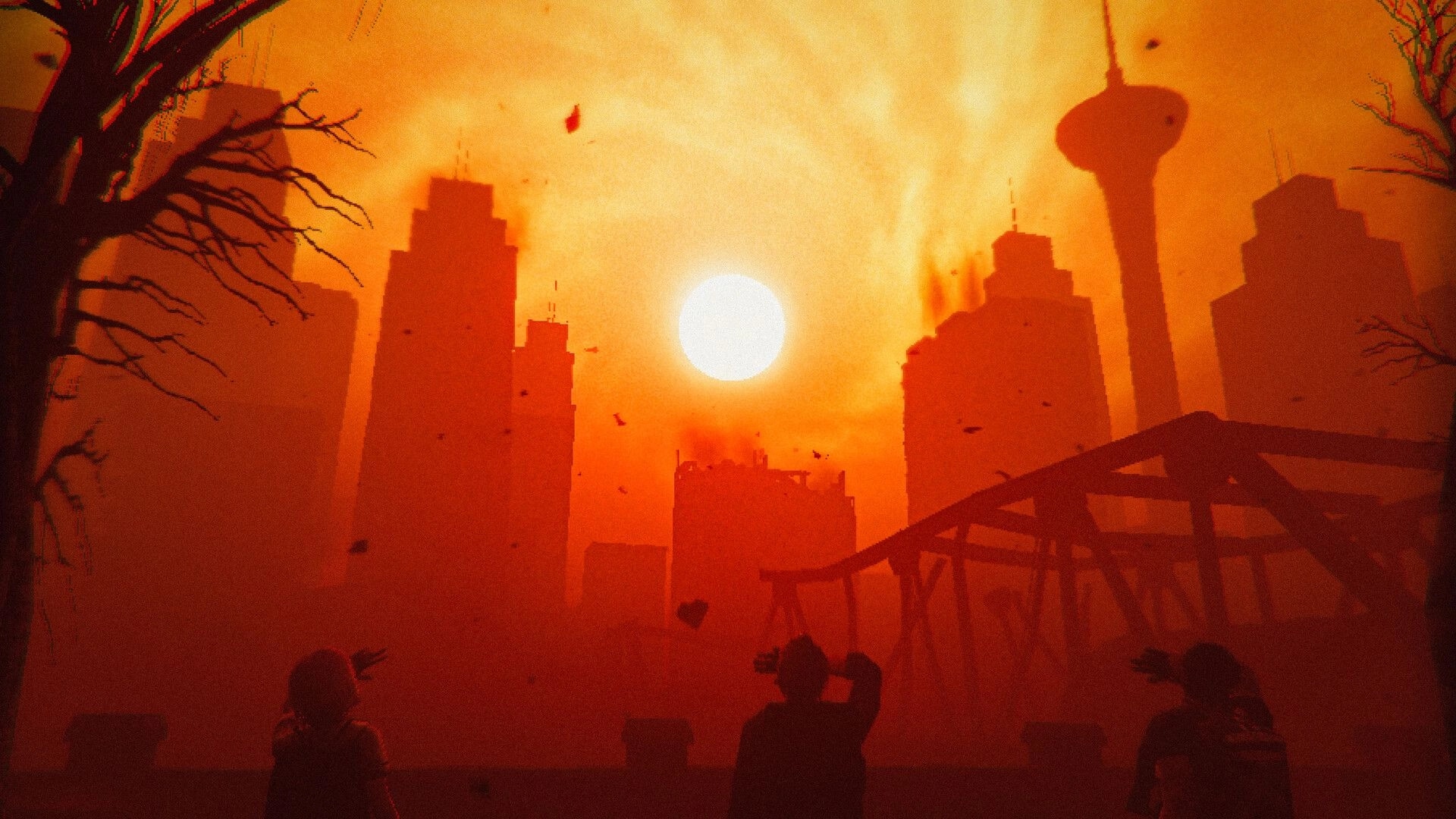 LIVING HELL: Survivors watch a blinding sun over ruined skyscrapers and bridge in orange haze.