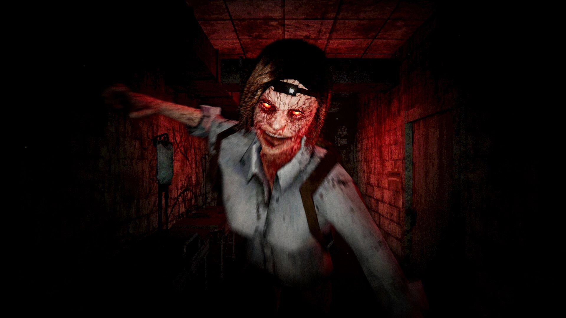 LIVING HELL: Glowing-eyed mutant nurse lunges at the camera in a dark, bloodstained hallway.