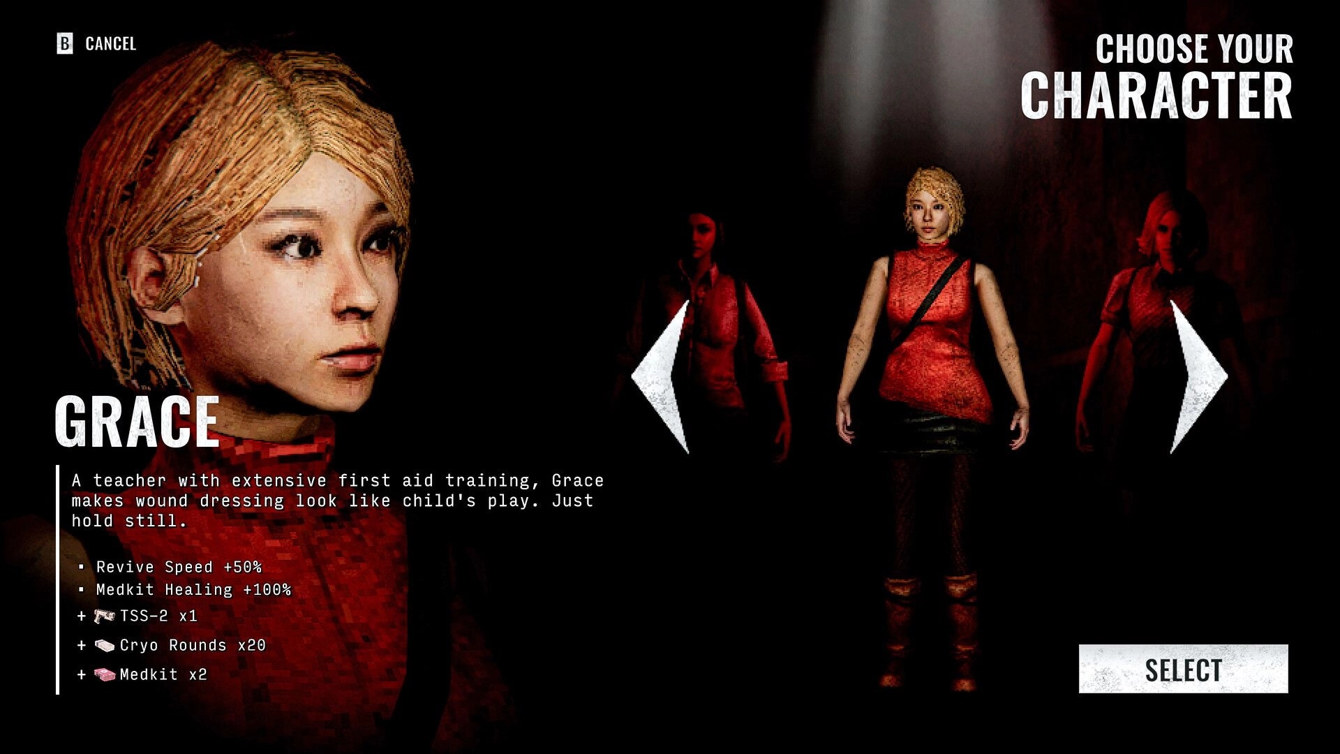 LIVING HELL: Character selection menu highlighting Grace with stats list, arrows, and Select button UI.
