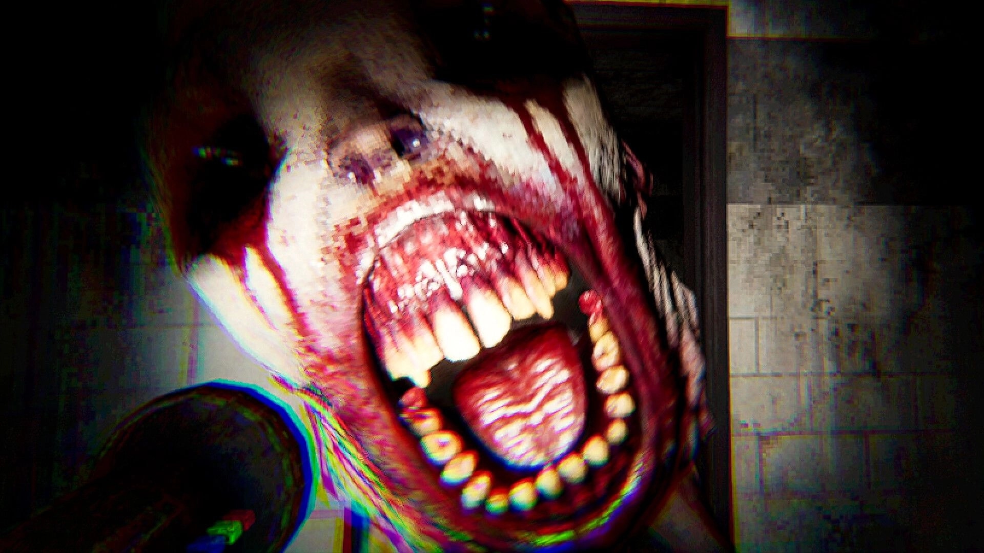 LIVING HELL: Glitchy close-up of a screaming bloodied face filling screen in a grimy tiled room.