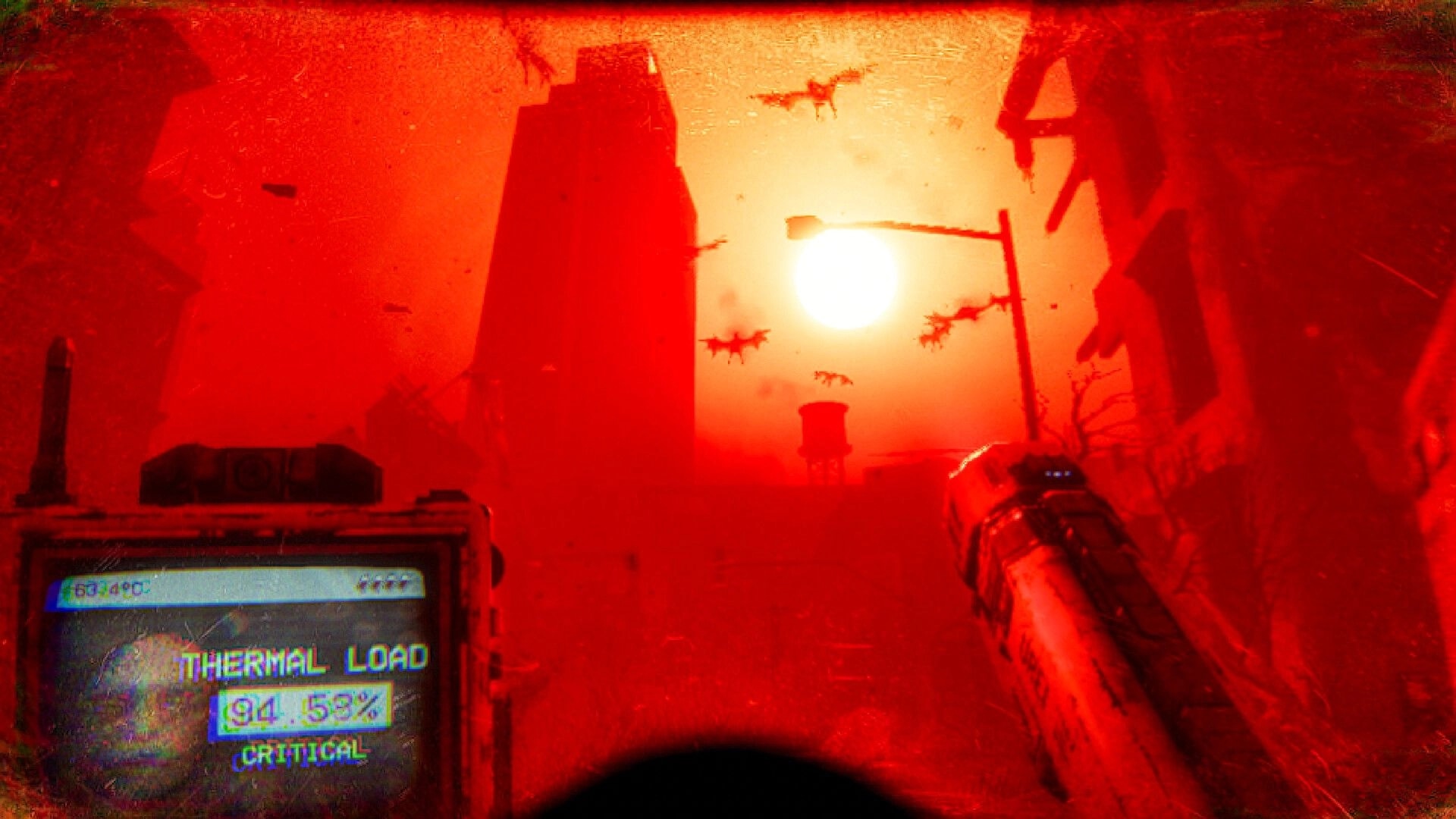 LIVING HELL: First-person view with thermal load at 94% critical under a blazing red sun in ruined city.