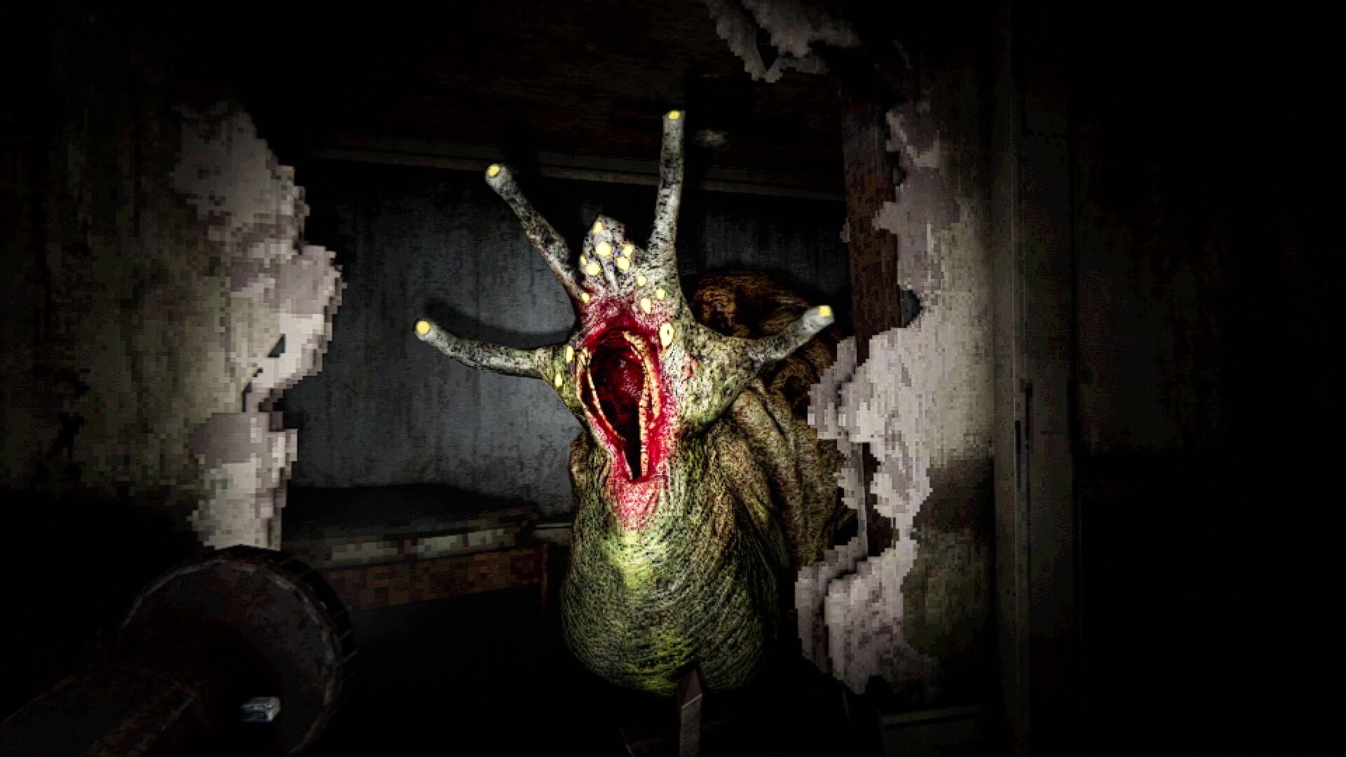 LIVING HELL: Mutated slug creature with glowing stalks fills a dark, damaged room with debris.