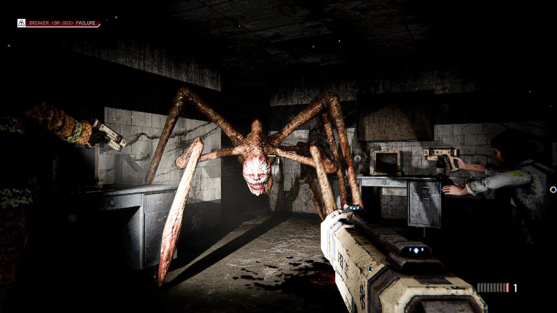 LIVING HELL: Co-op players aim guns at a giant spider mutant in a dark, ruined lab room UI warning active.