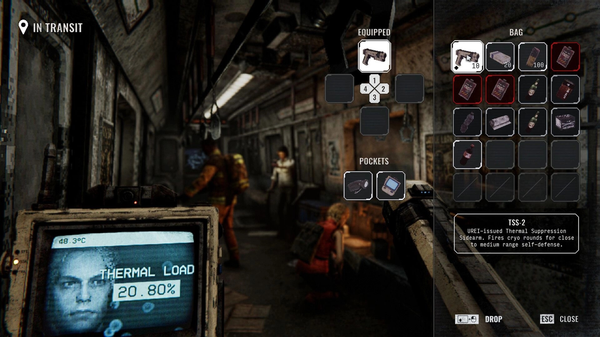 LIVING HELL: Inventory open with TSS-2 pistol equipped inside a grimy subway car with survivors.