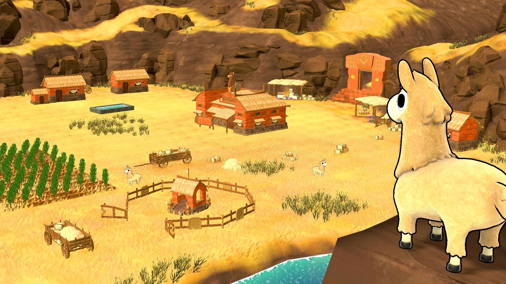 Llamalandia: Llama overlooks a cozy farm with crops, small buildings, and a fenced area in a sunny valley.