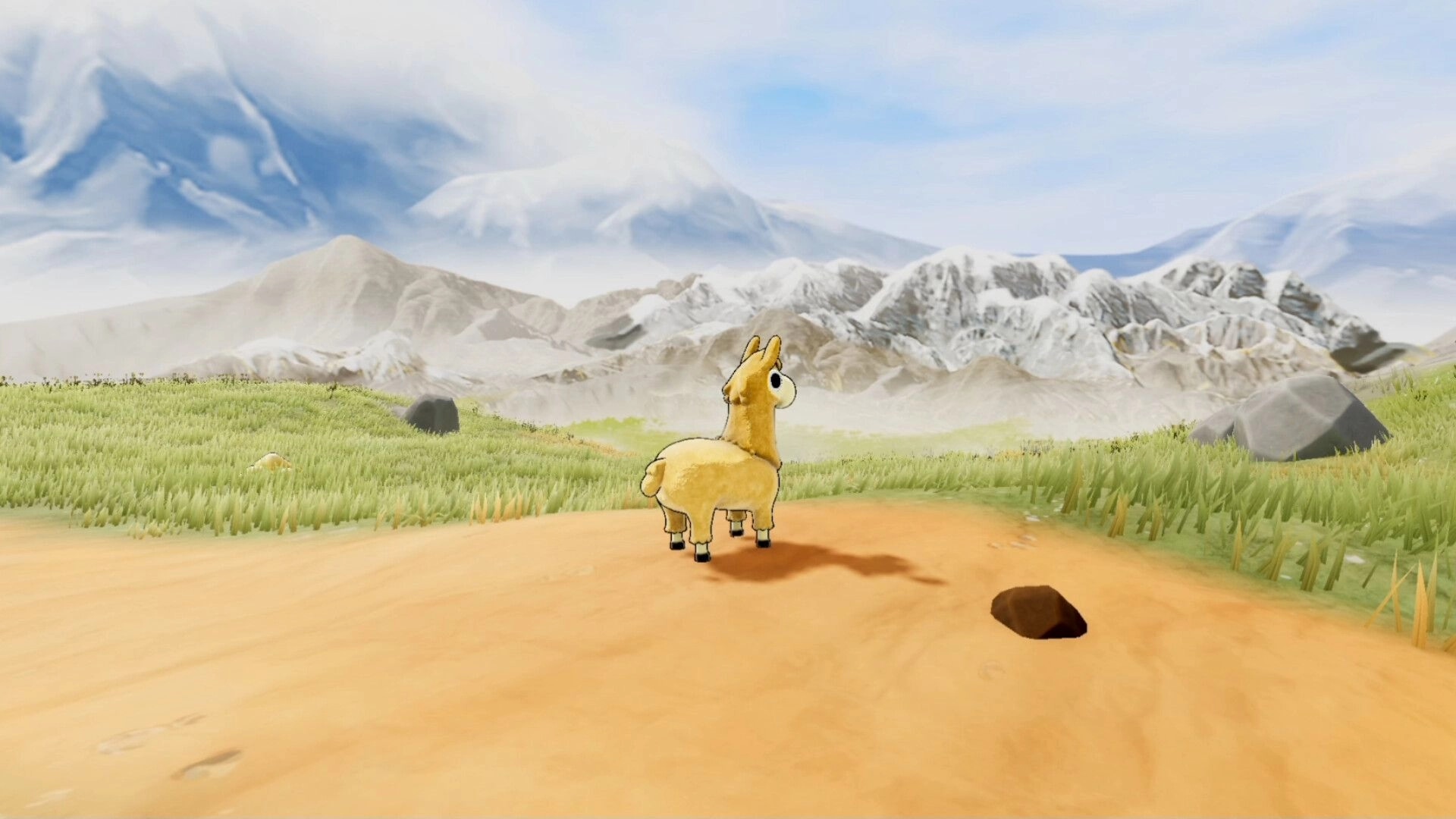 Llamalandia: A lone llama stands in a grassy field, gazing at distant snowy mountains under a blue sky.
