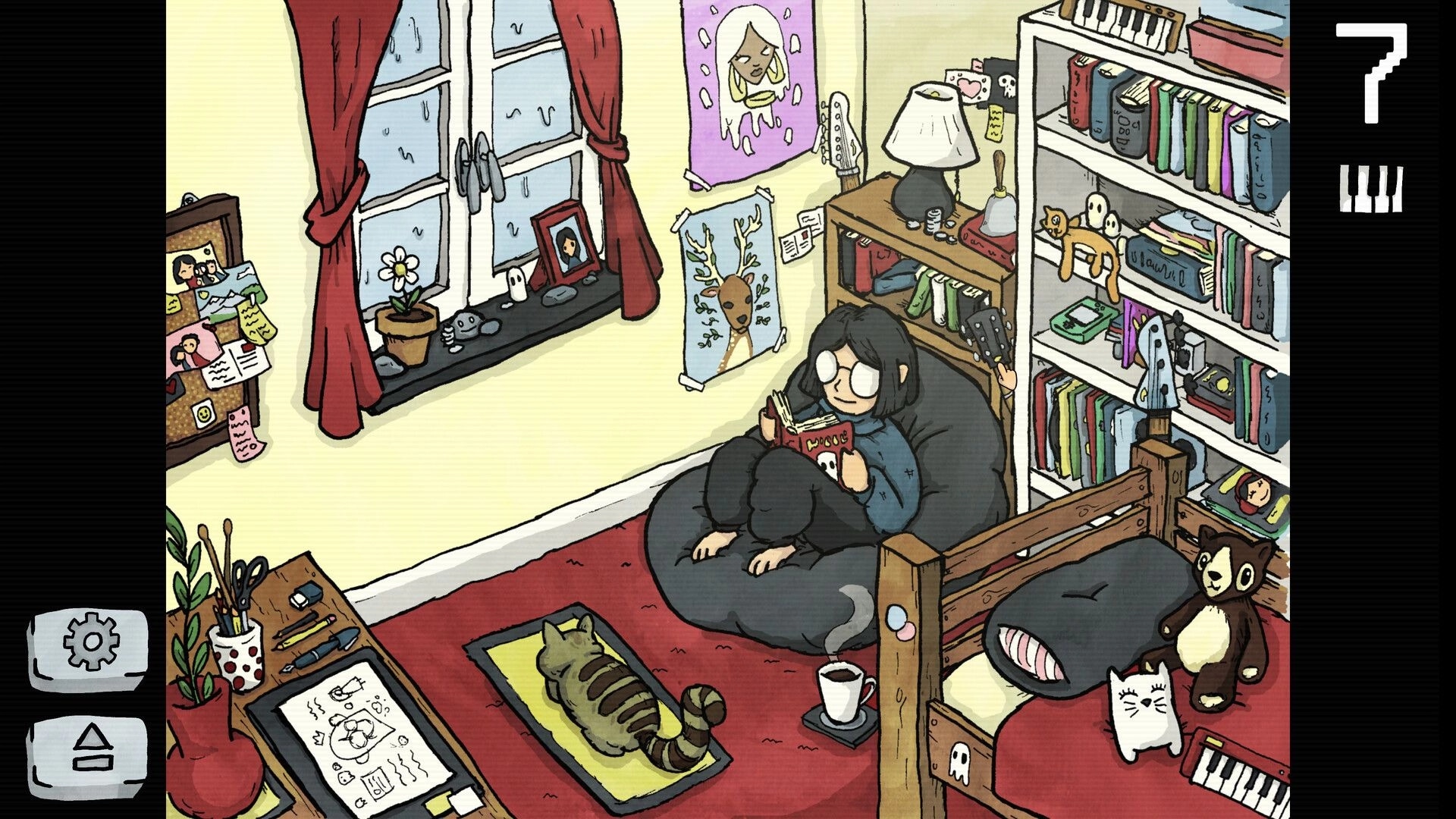 Lo-Fi Room: Character reading on bean bag with cat nearby in cozy, book-filled bedroom environment