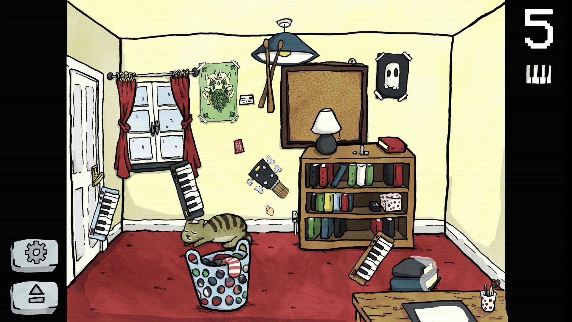 Lo-Fi Room: Cozy room with floating keyboards, sleeping cat in basket, bookshelf, and window view