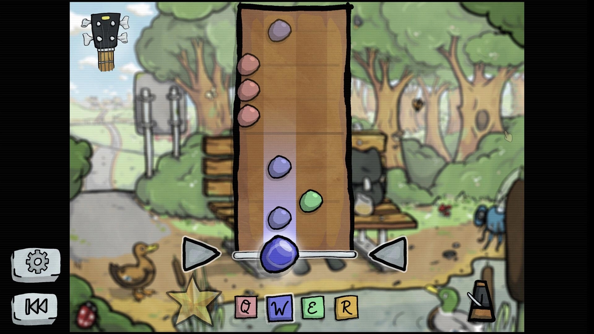 Lo-Fi Room: Rhythm gameplay with colorful notes on a vertical track in a serene park setting