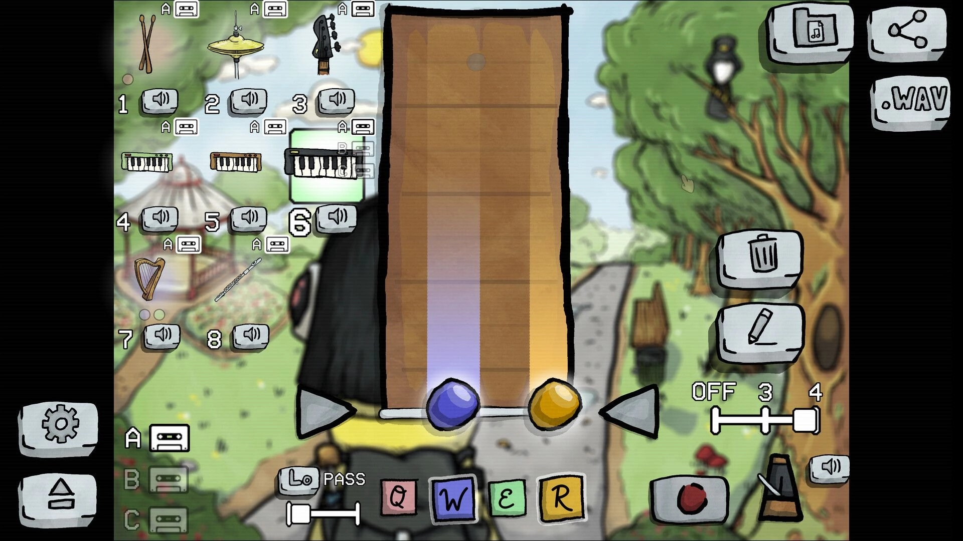 Lo-Fi Room: Instrument selection and rhythm gameplay interface in a serene park setting