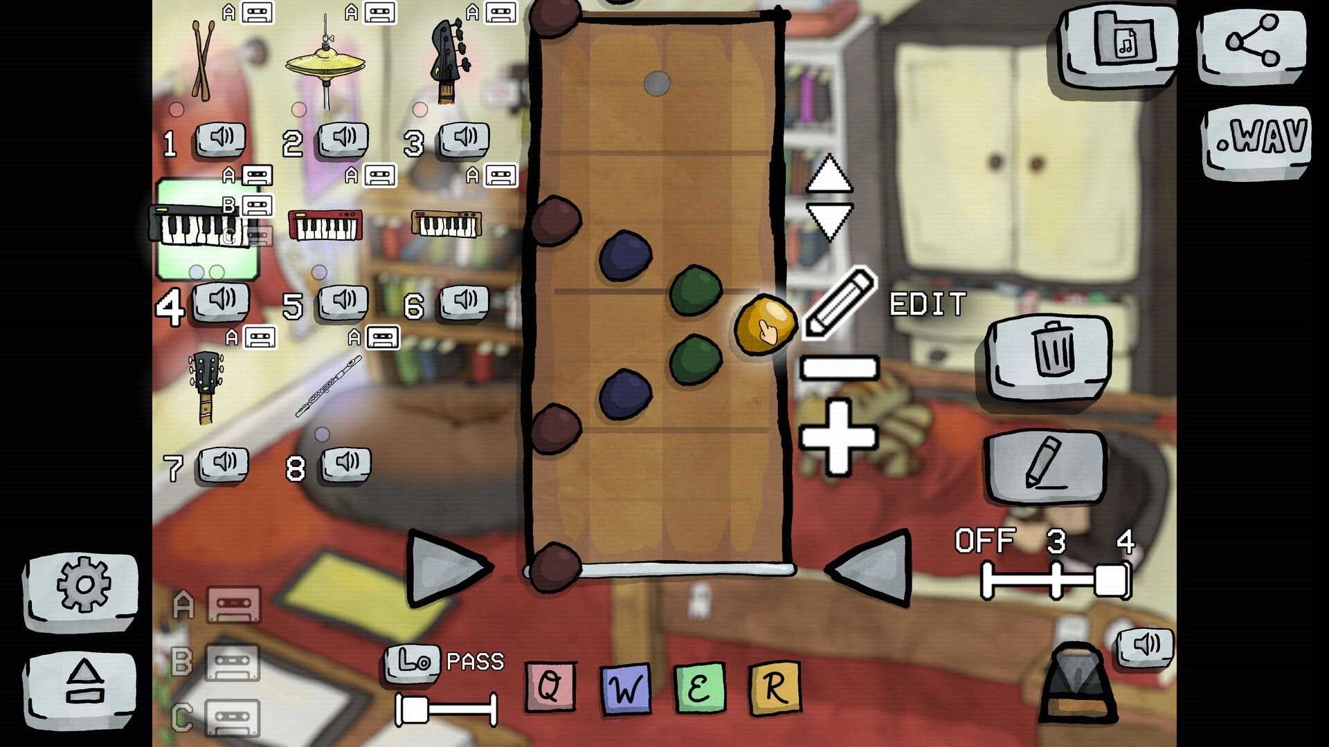 Lo-Fi Room: Instrument selection interface with editing tools in a cozy studio setting
