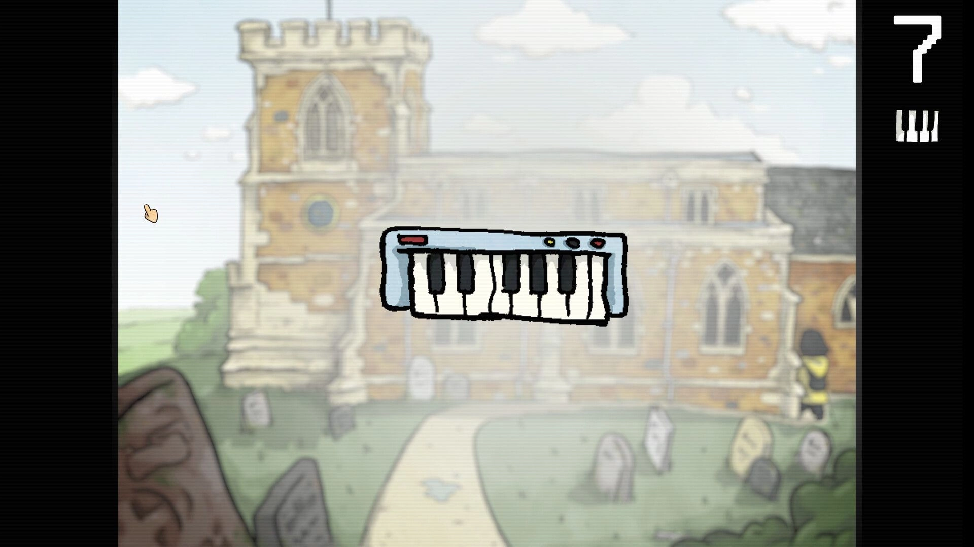 Lo-Fi Room: Floating keyboard in front of a church with graveyard, score displayed on right panel