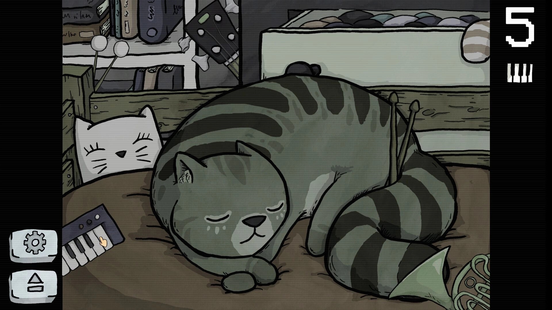 Lo-Fi Room: Sleeping cat beside musical instruments in a cozy, cluttered room with UI elements visible.