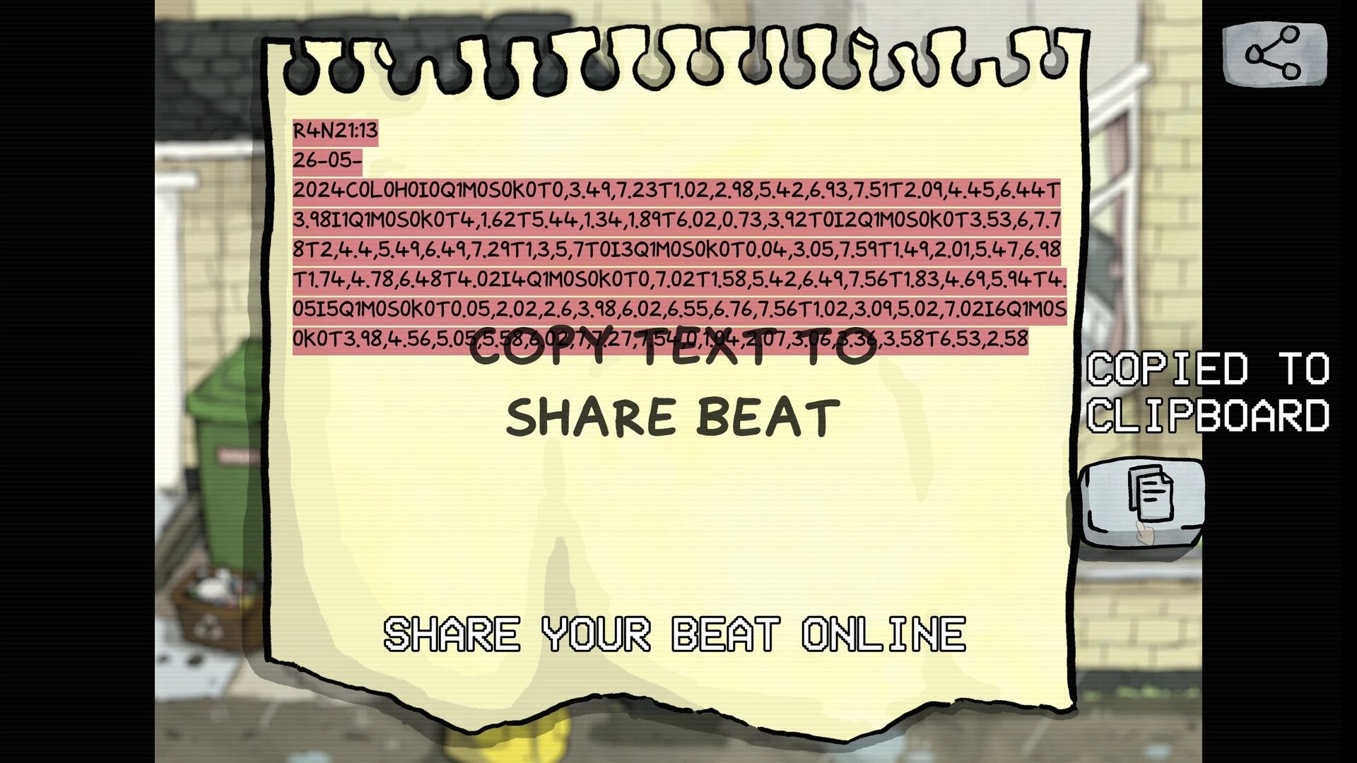 Lo-Fi Room: Beat sharing interface with option to copy beat text and share your beat online.