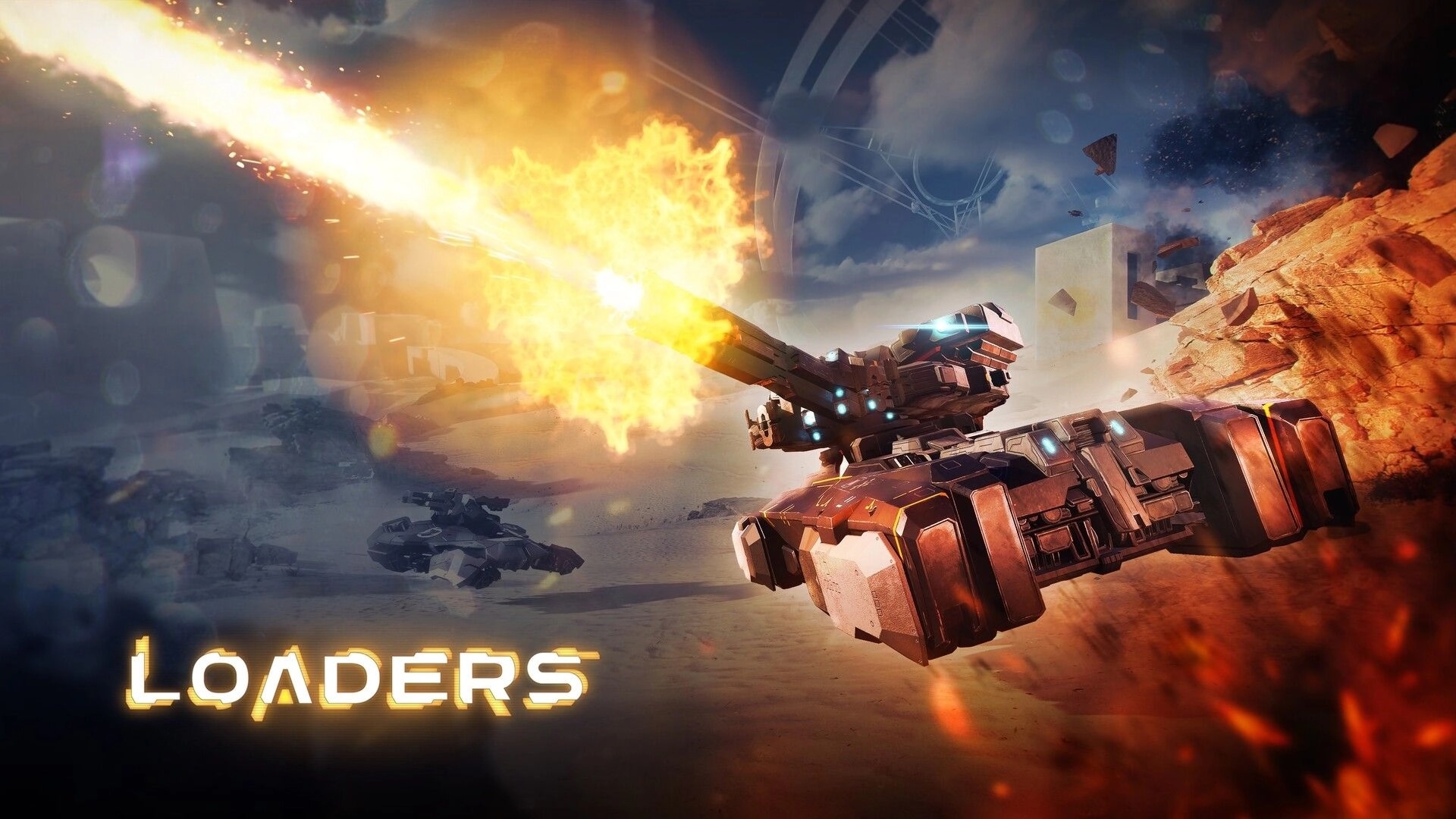Loaders: Antigrav tank fires powerful shot amidst exploding debris in a desert war zone.