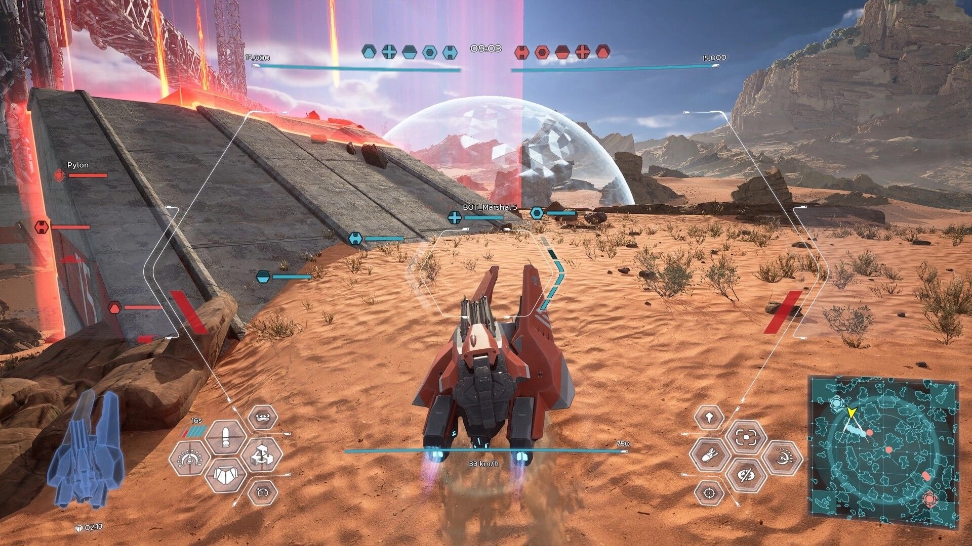 Loaders: Antigrav tank advancing toward shielded zone in desert terrain with HUD and minimap displayed.