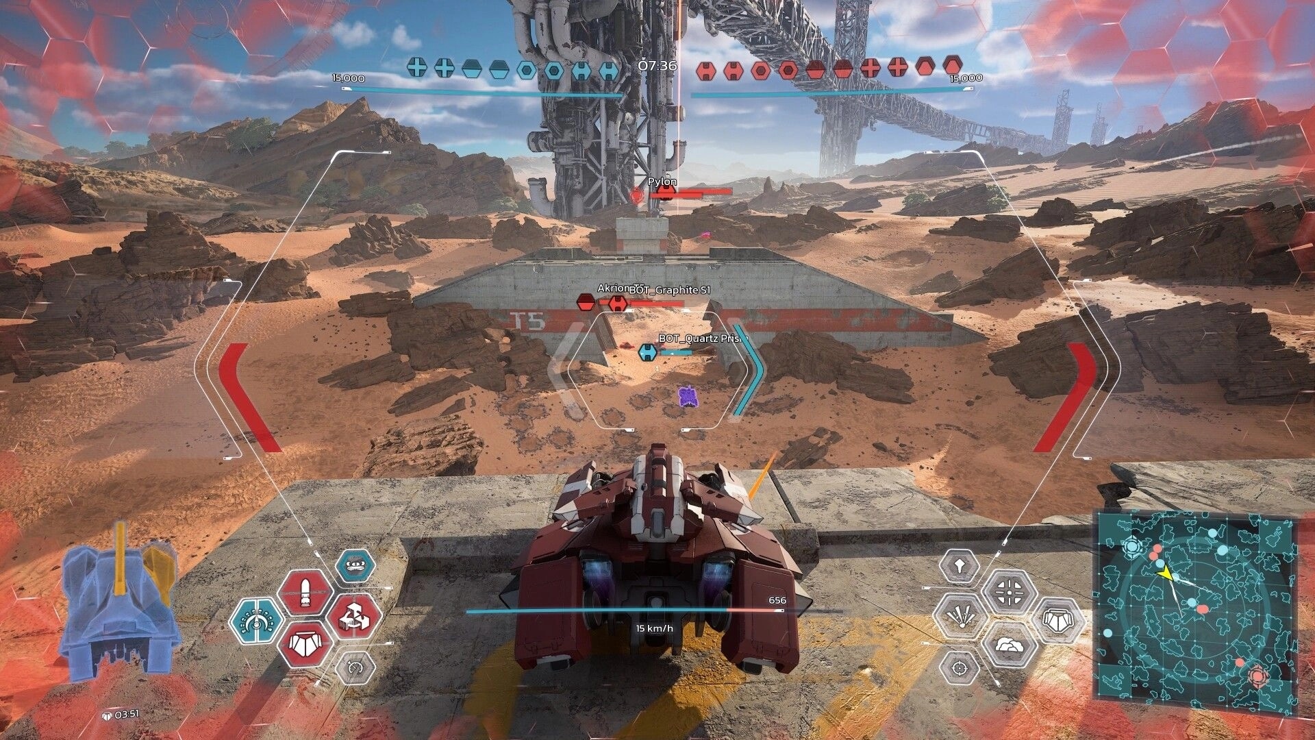 Loaders: Antigrav tank targets enemy bots in desert with UI showing speed, map, and combat options