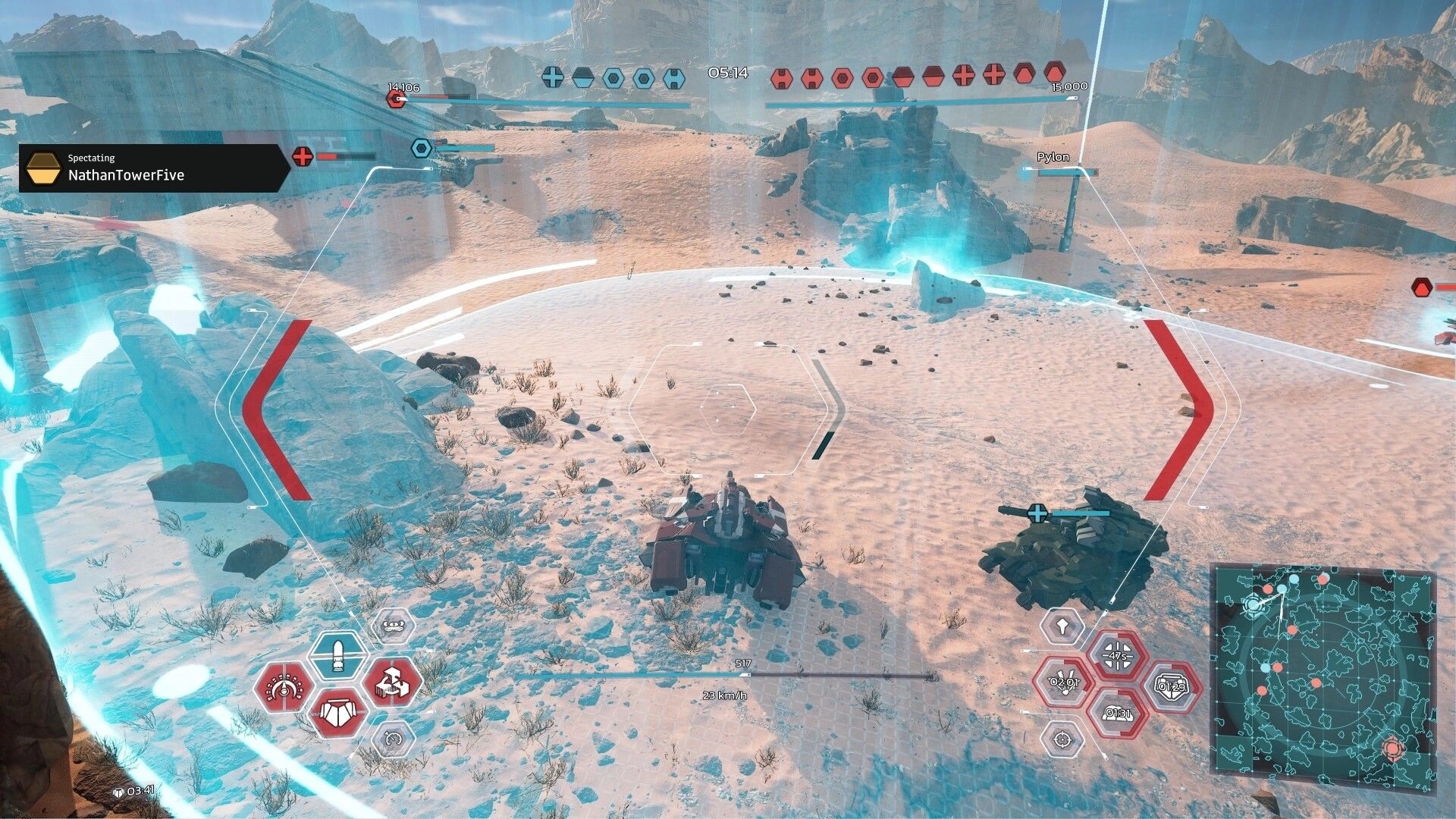 Loaders: Antigrav tanks in desert with HUD displaying player names and minimap in sci-fi war zone.