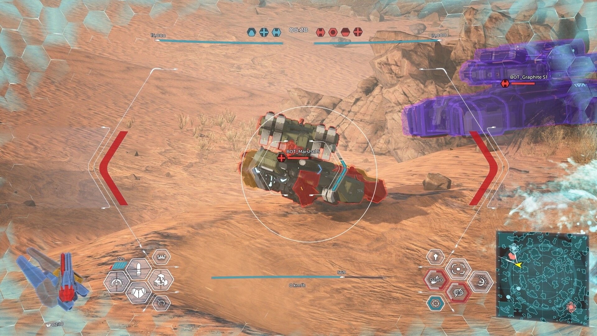 Loaders: Antigrav tanks in desert combat with UI showing health, map, and remaining match time
