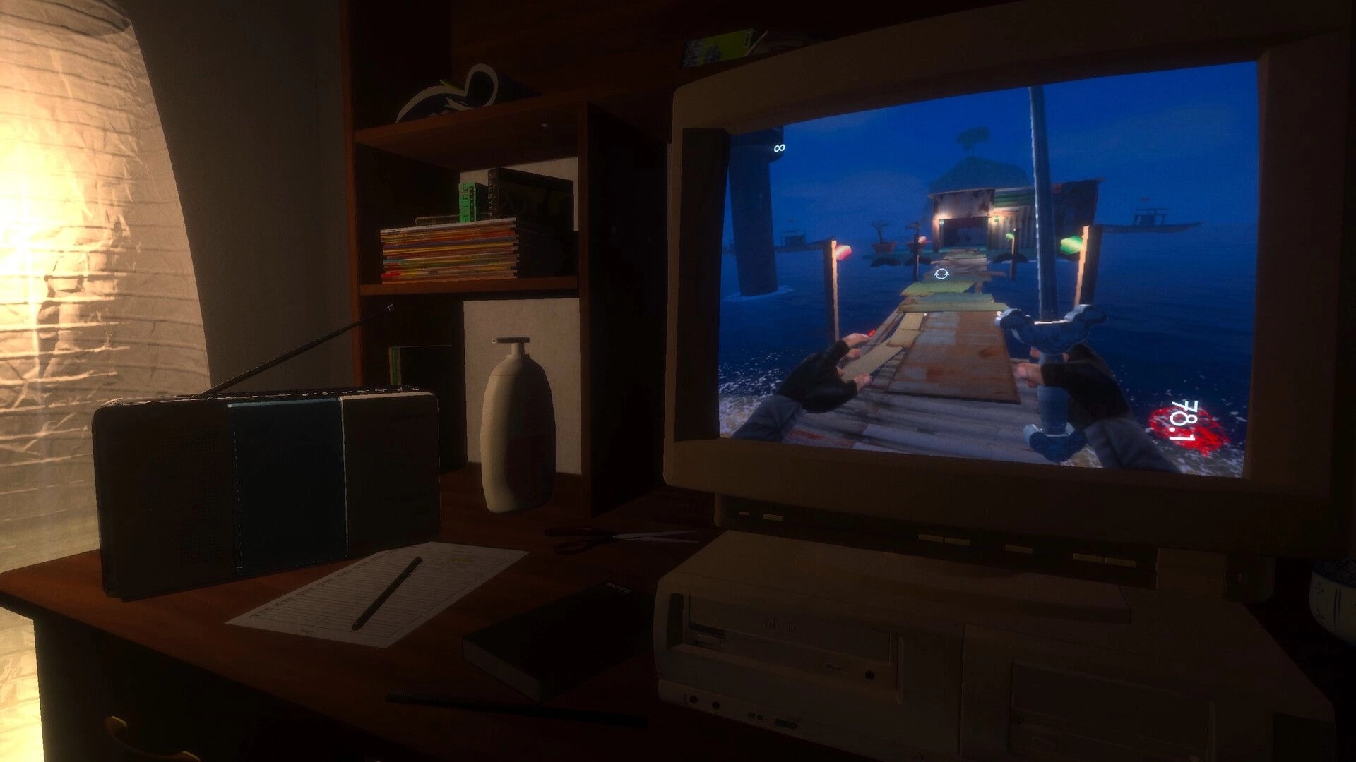 Loading...: First-person game on a CRT monitor, hands aiming down a dock at night in a bedroom desk setup.