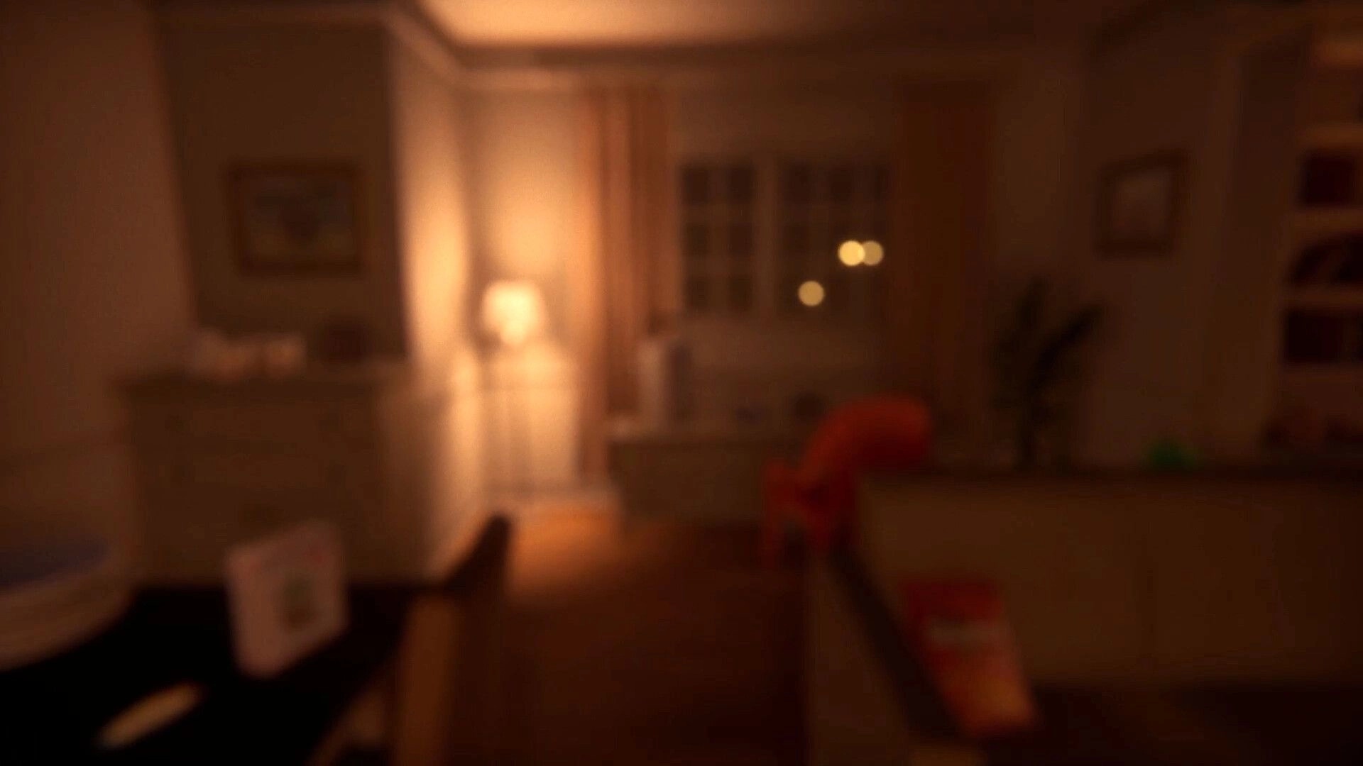 Loading...: Blurry first-person view down a dim apartment hallway toward a lit doorway at night.