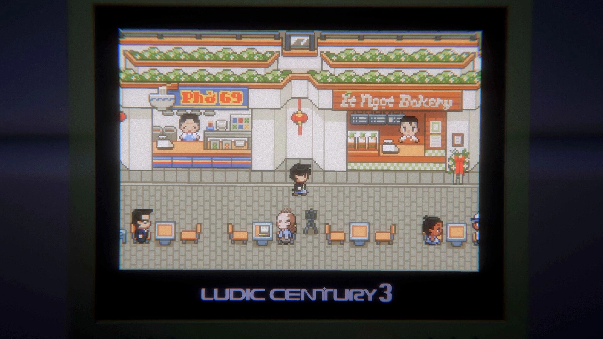 Loading...: Pixel boy stands in plaza between Pho 69 and It Noodle Bakery stalls with NPCs nearby.