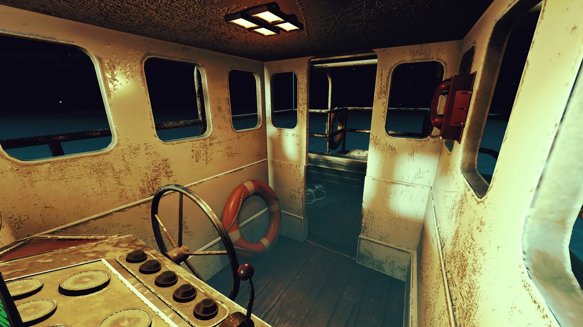 Loan Shark: Inside boat cabin at night with steering wheel, life preserver, and ocean view through windows
