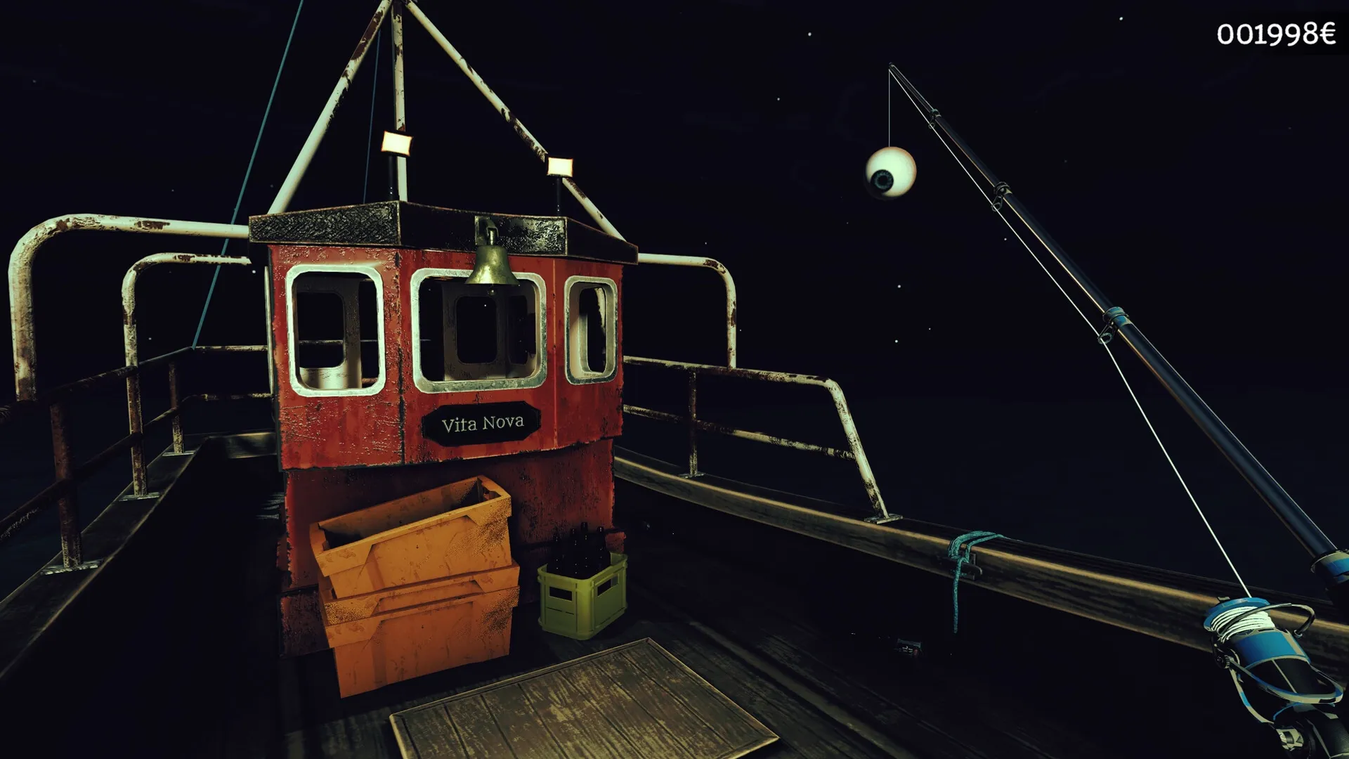 Loan Shark: Fishing boat deck with rod holding eyeball, crates, and "Vita Nova" cabin at night.
