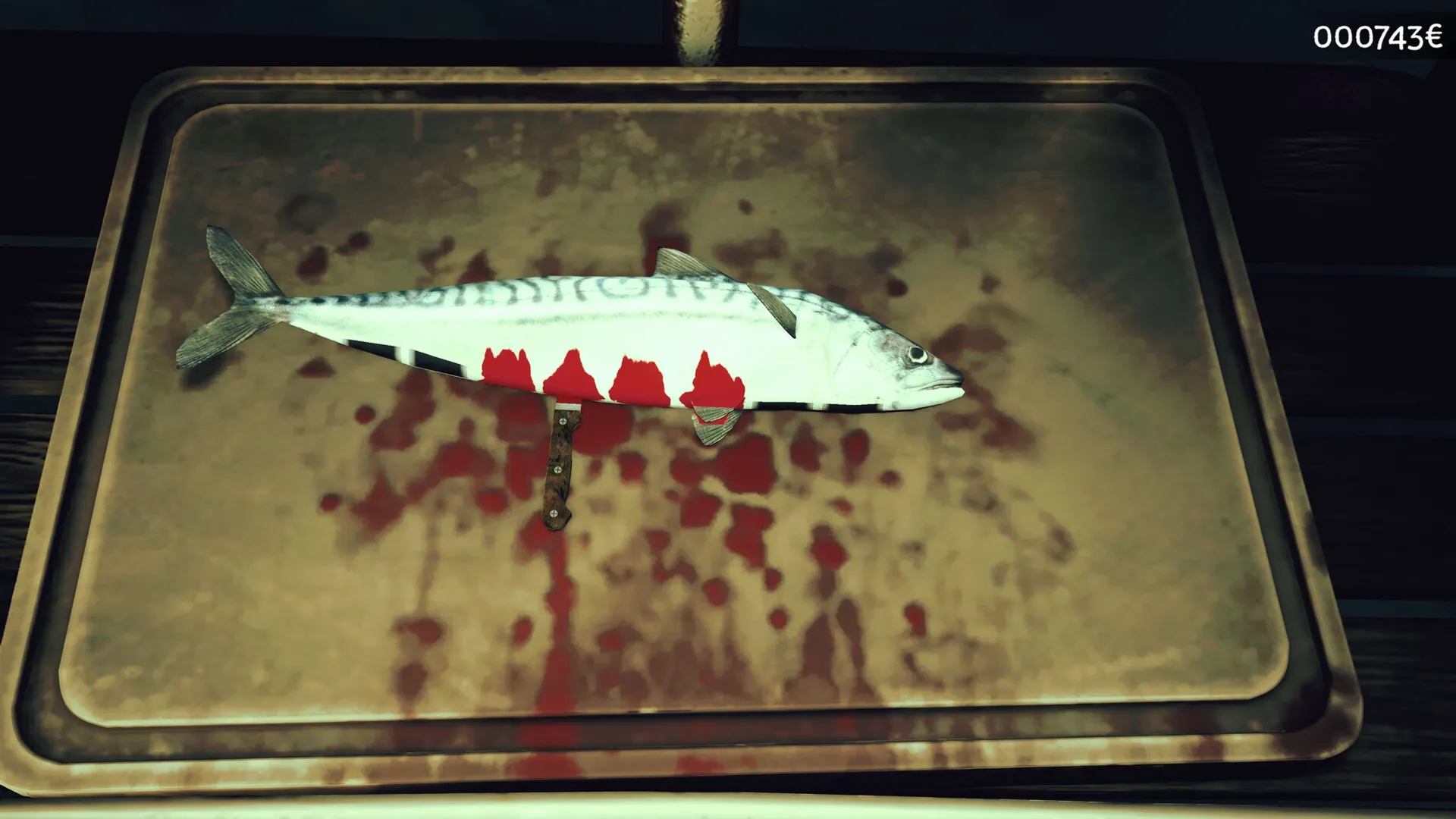 Loan Shark: Fish on bloody cutting board with knife, showing current earnings in top right corner