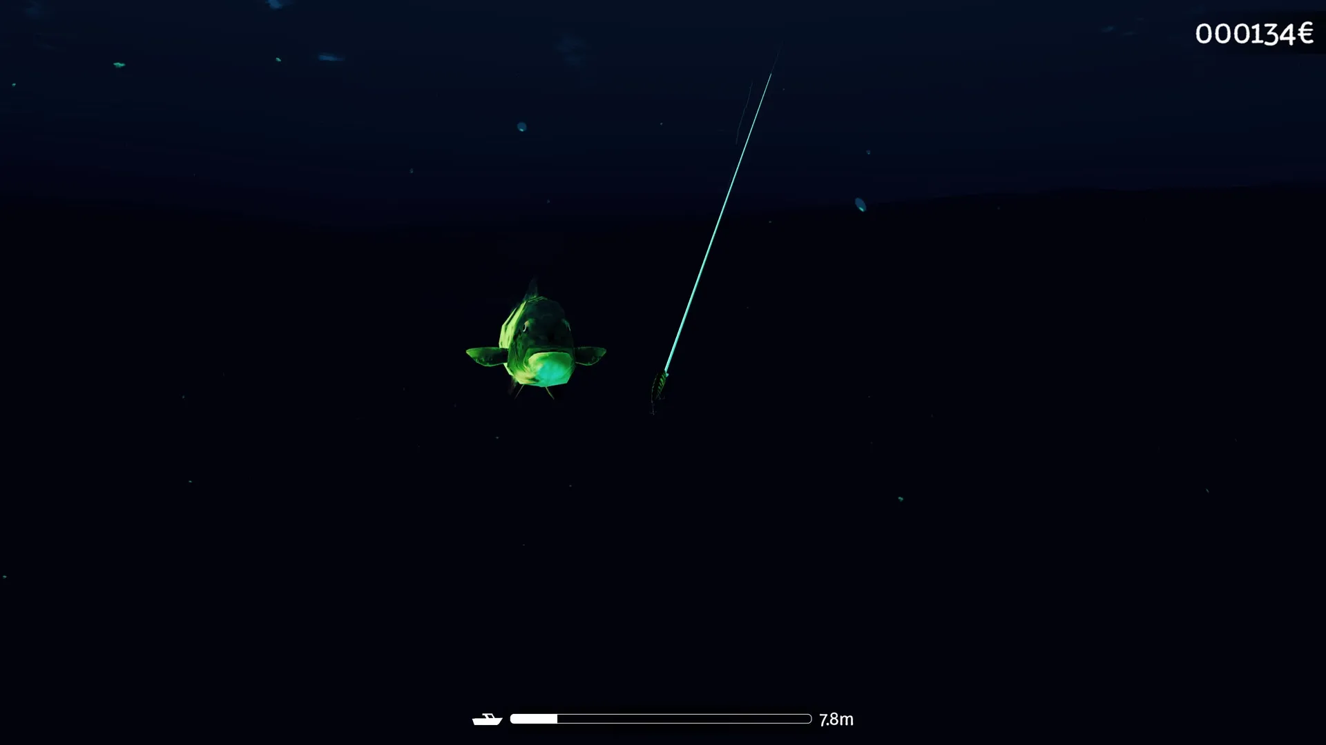 Loan Shark: Night fishing with glowing bait and fish near hook, depth meter at 7.8m in dark waters