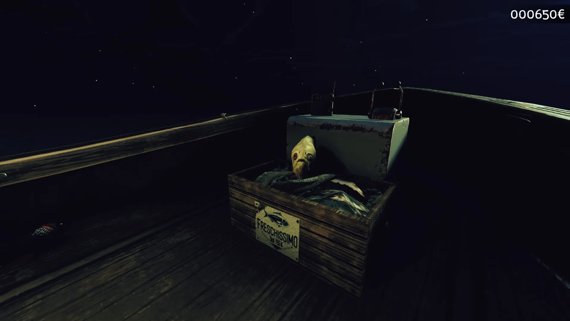 Loan Shark: Fish-filled crate and radio on a dimly lit boat deck under a starry night sky