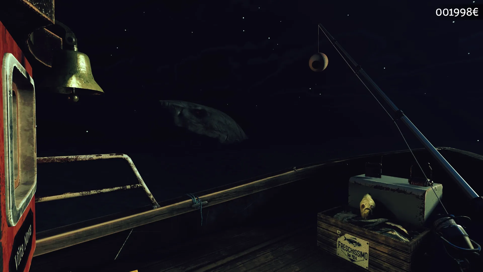 Loan Shark: Fishing boat at night with rod, crate of fish, and eerie sea creature in dark waters