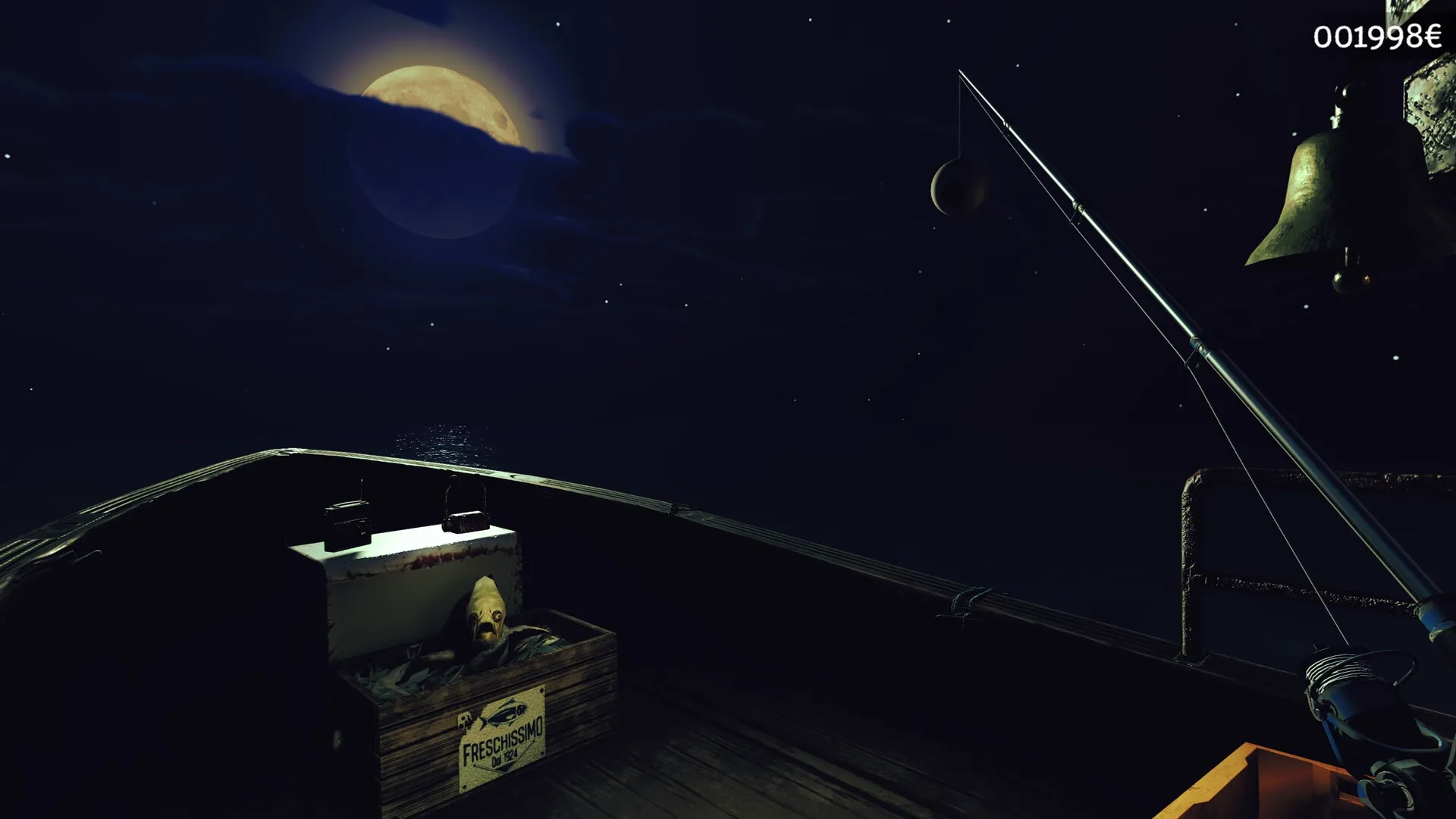 Loan Shark: Fishing rod setup on a dark boat under a full moon with eerie atmosphere and glowing water.